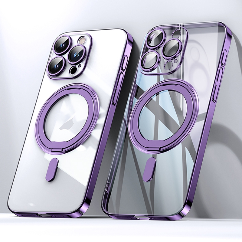 For iPhone 14 Pro Plating PC 360 Ring Holder Magsafe Phone Case(Clear Purple) - Shopkiz.com