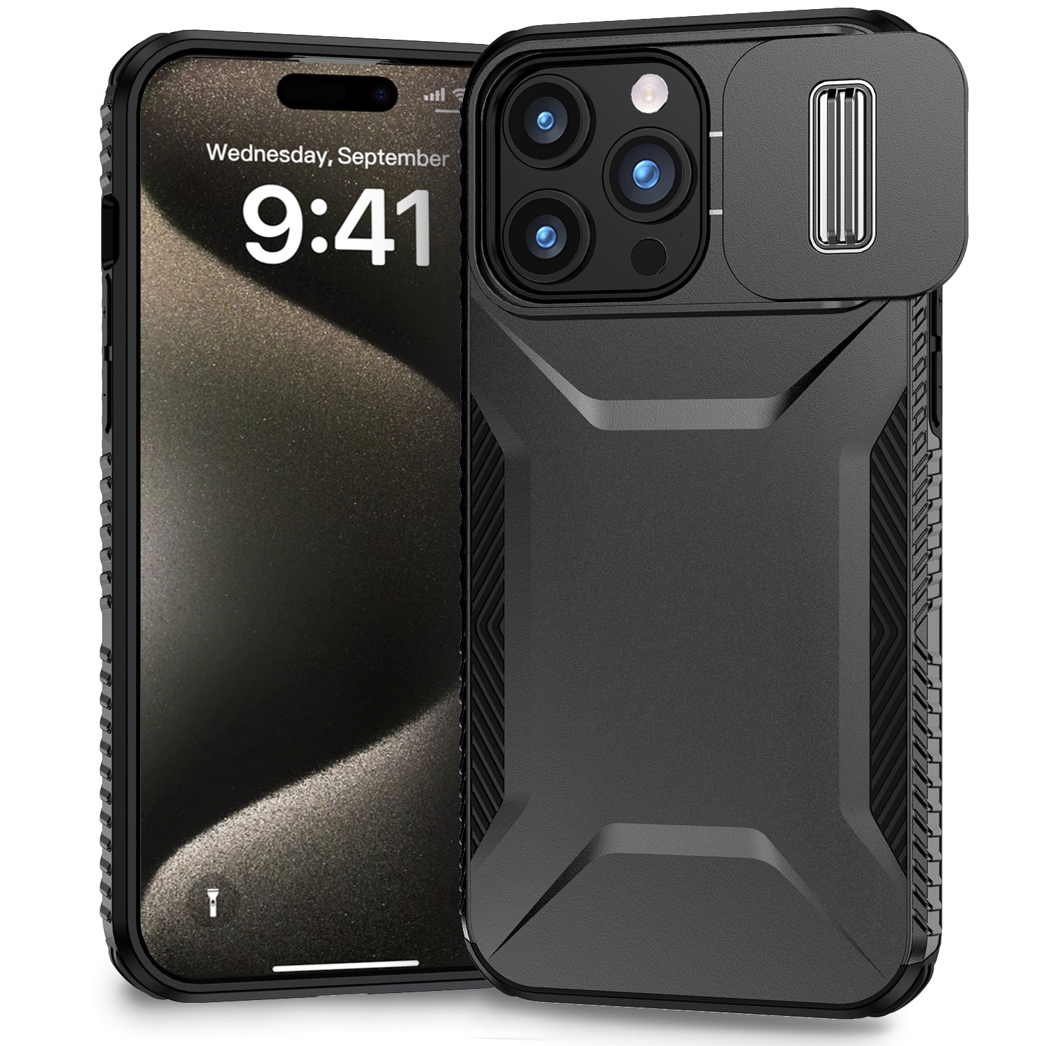 For iPhone 15 Pro Sliding Camshield Phone Case(Black) - Shopkiz.com