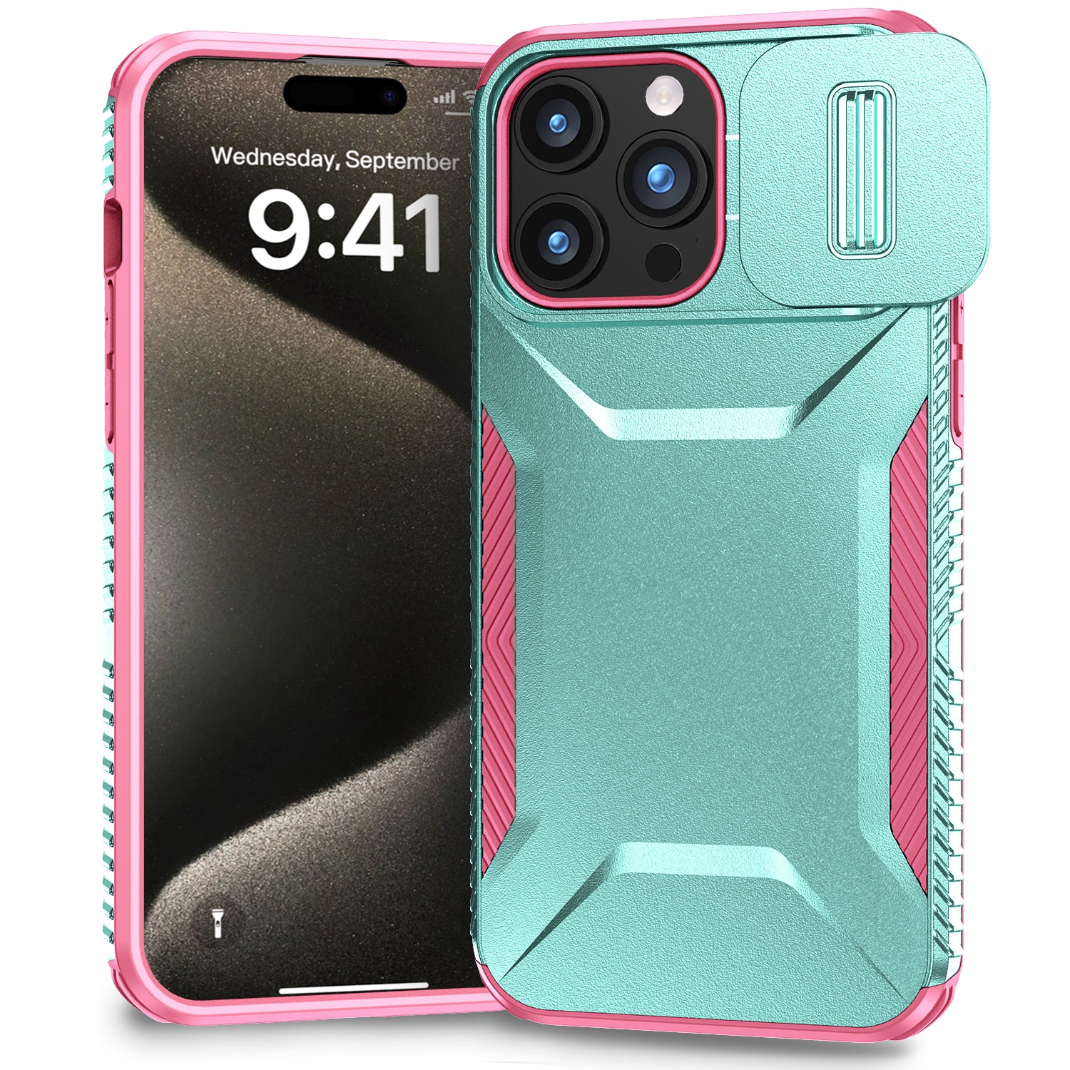 For iPhone 15 Pro Sliding Camshield Phone Case(Grey Green + Pink) - Shopkiz.com