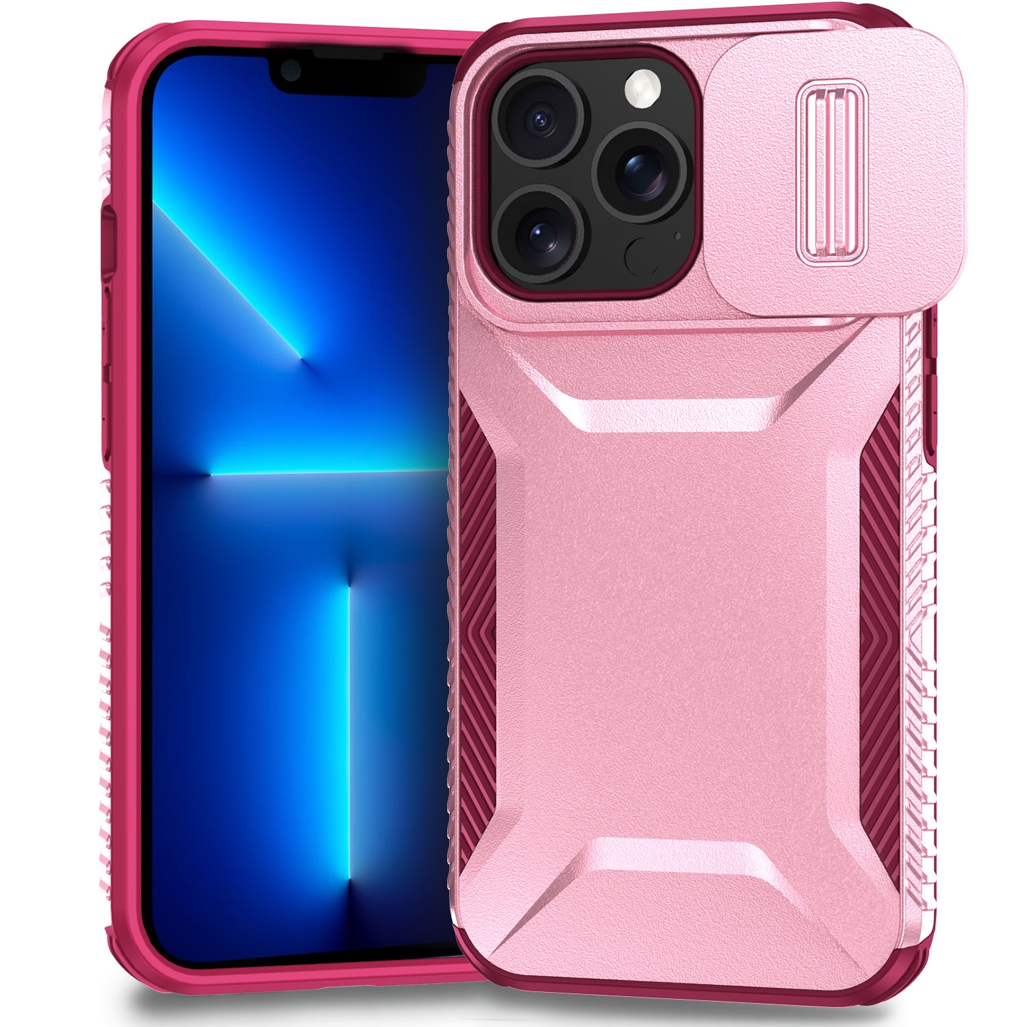 For iPhone 13 Pro Max Sliding Camshield Phone Case(Pink + Rose Red) - Shopkiz.com