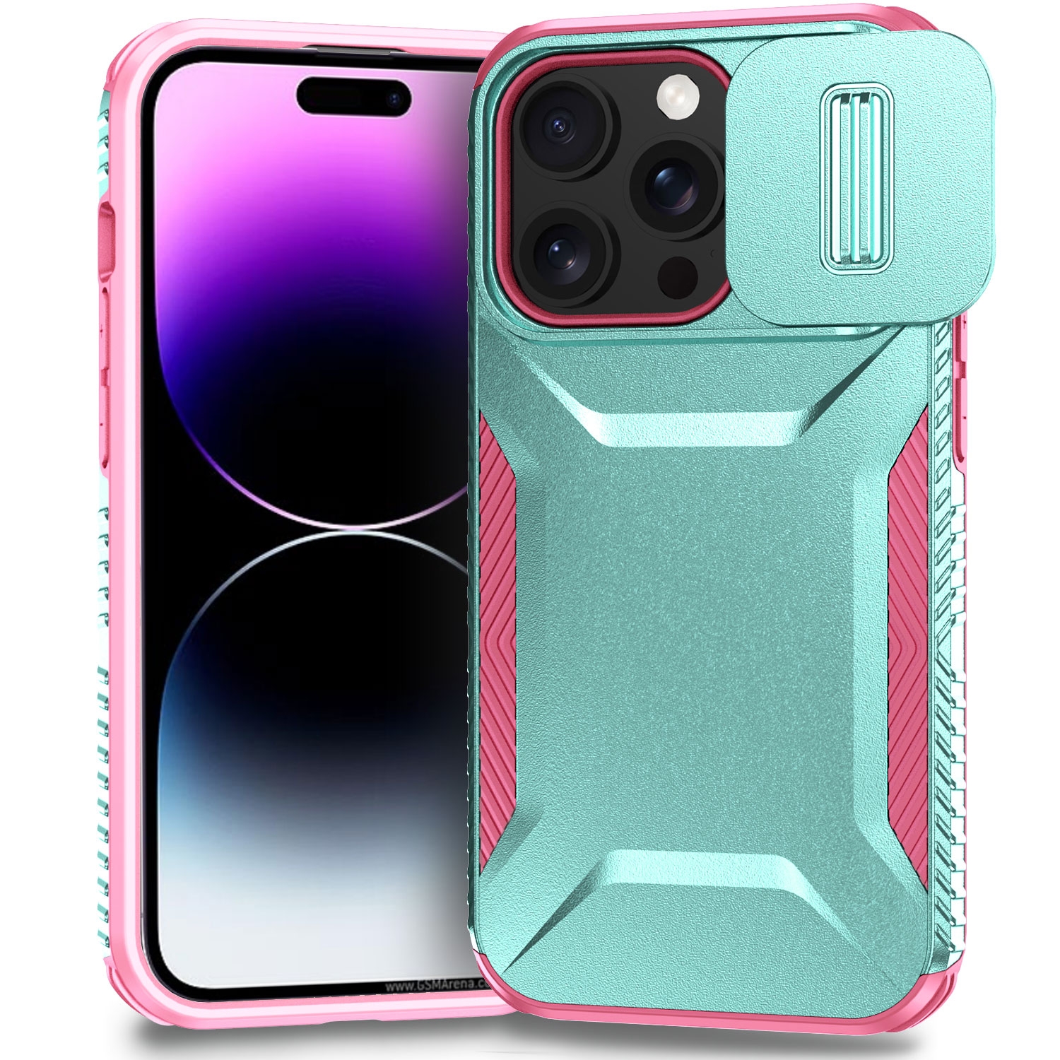 For iPhone 14 Pro Sliding Camshield Phone Case(Grey Green + Pink) - Shopkiz.com
