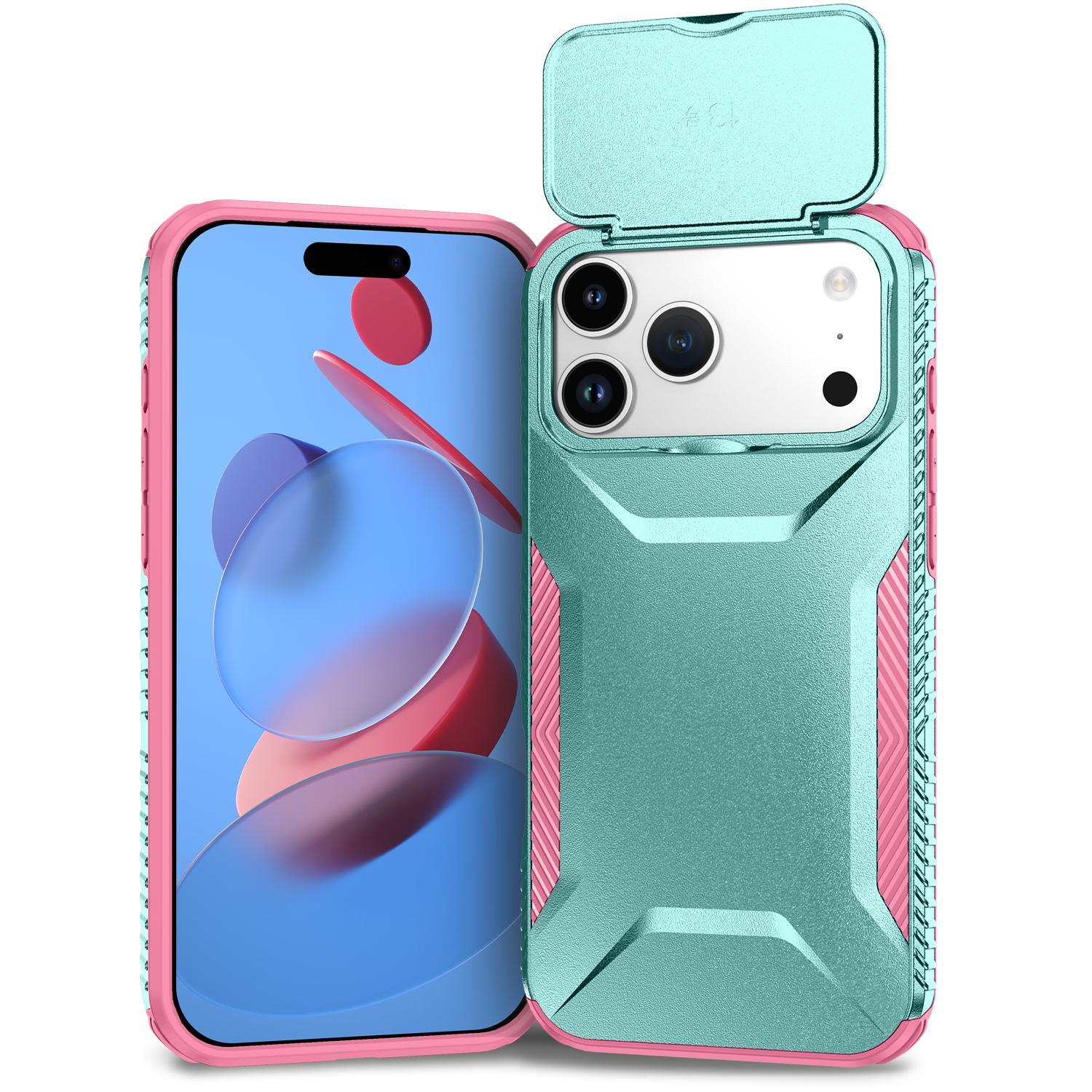 For iPhone 18 Pro Max Sliding Camshield Phone Case(Pink + Grey Green) - Shopkiz.com