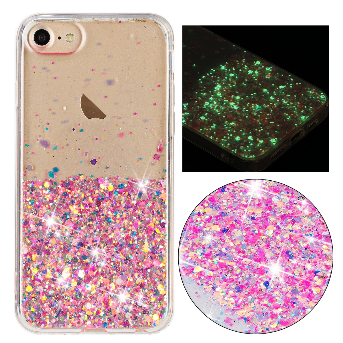 For iPhone 8 / 7 Transparent Frame Noctilucent Glitter Powder TPU Phone Case(Pink) - Shopkiz.com