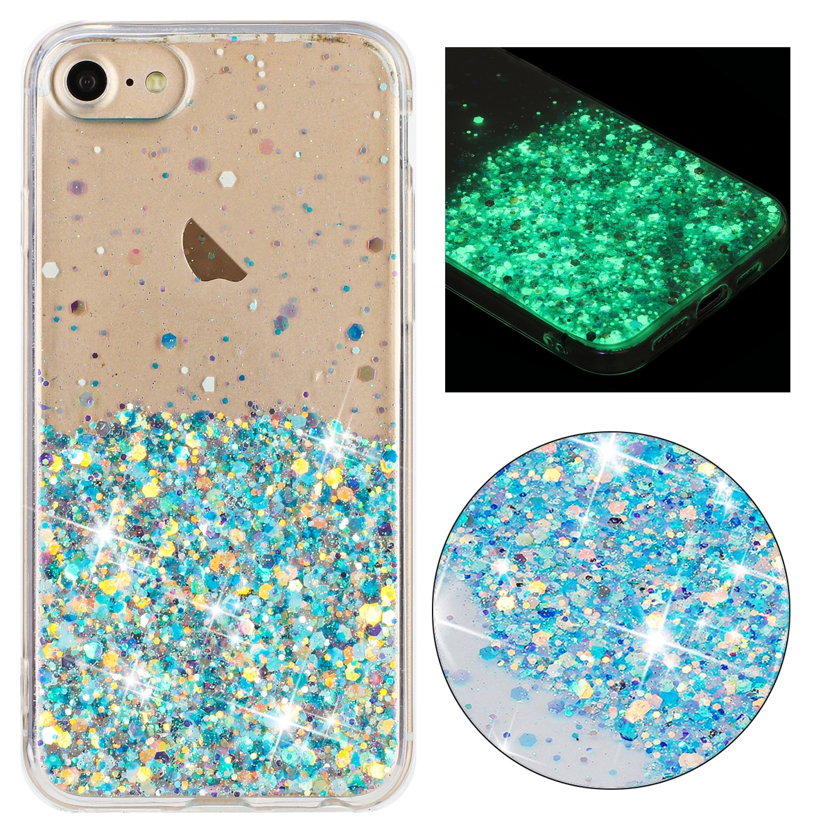 For iPhone 8 / 7 Transparent Frame Noctilucent Glitter Powder TPU Phone Case(Blue) - Shopkiz.com