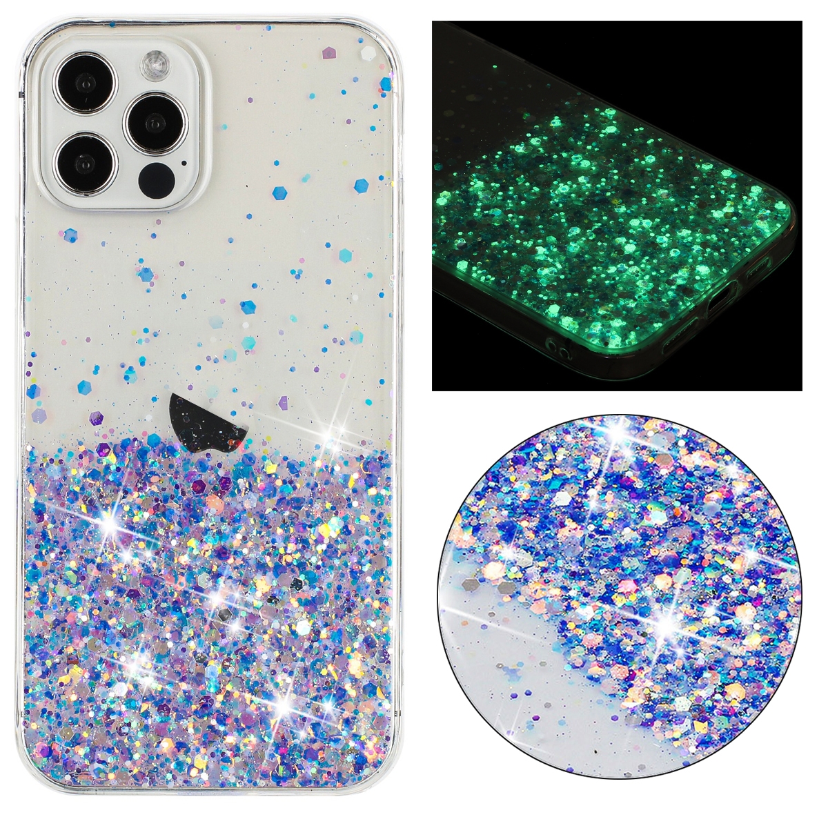 For iPhone 12 Pro Max Transparent Frame Noctilucent Glitter Powder TPU Phone Case(Purple) - Shopkiz.com