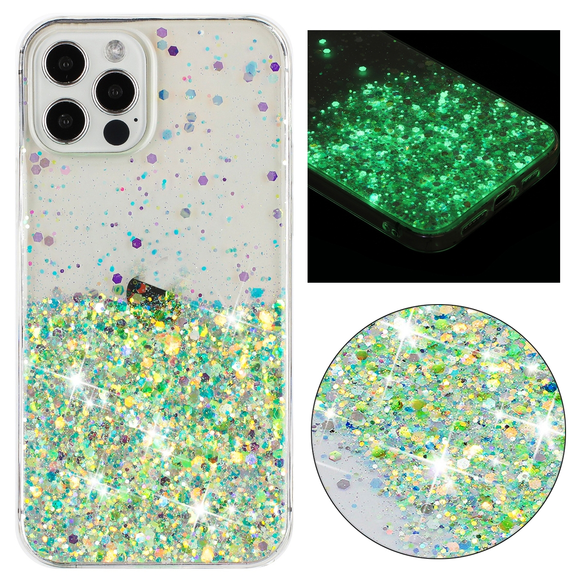 For iPhone 12 Pro Max Transparent Frame Noctilucent Glitter Powder TPU Phone Case(Green) - Shopkiz.com