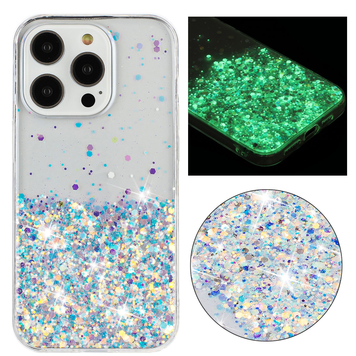For iPhone 14 Pro Transparent Frame Noctilucent Glitter Powder TPU Phone Case(White) - Shopkiz.com
