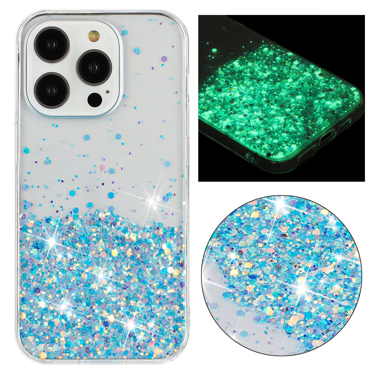 For iPhone 14 Pro Transparent Frame Noctilucent Glitter Powder TPU Phone Case(Blue) - Shopkiz.com