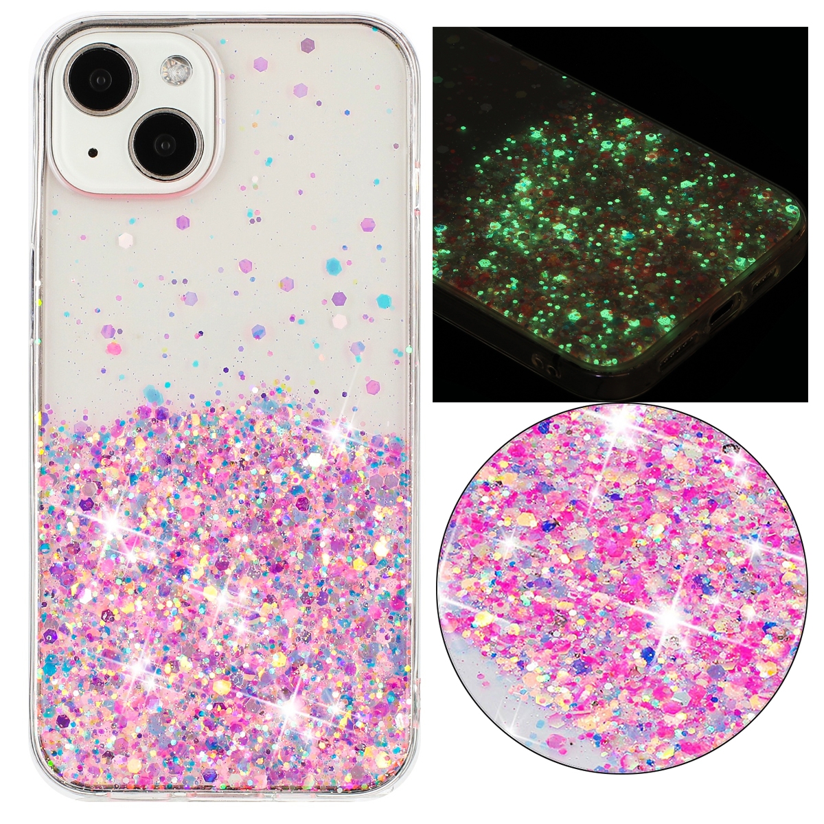 For iPhone 15 Transparent Frame Noctilucent Glitter Powder TPU Phone Case(Pink) - Shopkiz.com