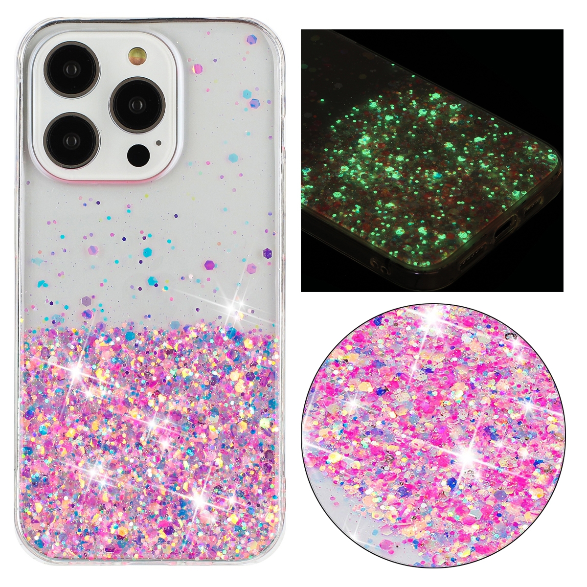 For iPhone 15 Pro Max Transparent Frame Noctilucent Glitter Powder TPU Phone Case(Pink) - Shopkiz.com