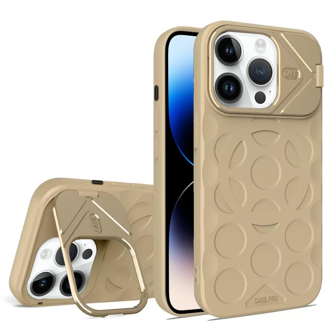For iPhone 14 Pro Lens Frame Holder MagSafe PC Hybrid TPU Phone Case(Desert Gold) - Shopkiz.com