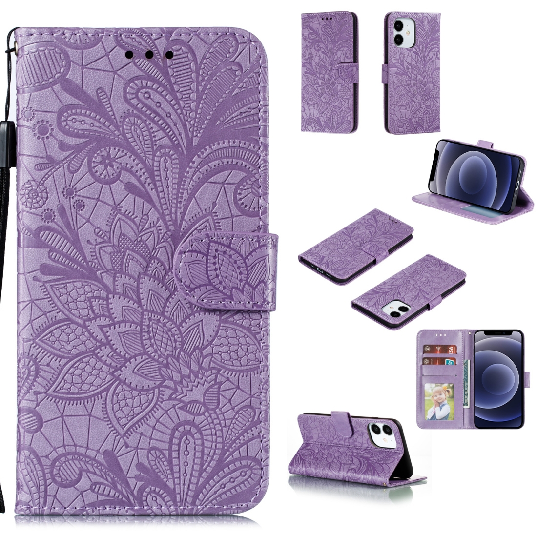 For iPhone 12 mini Lace Flower Horizontal Flip Leather Case with Holder & Card Slots & Wallet & Photo Frame(Purple) - Shopkiz.com