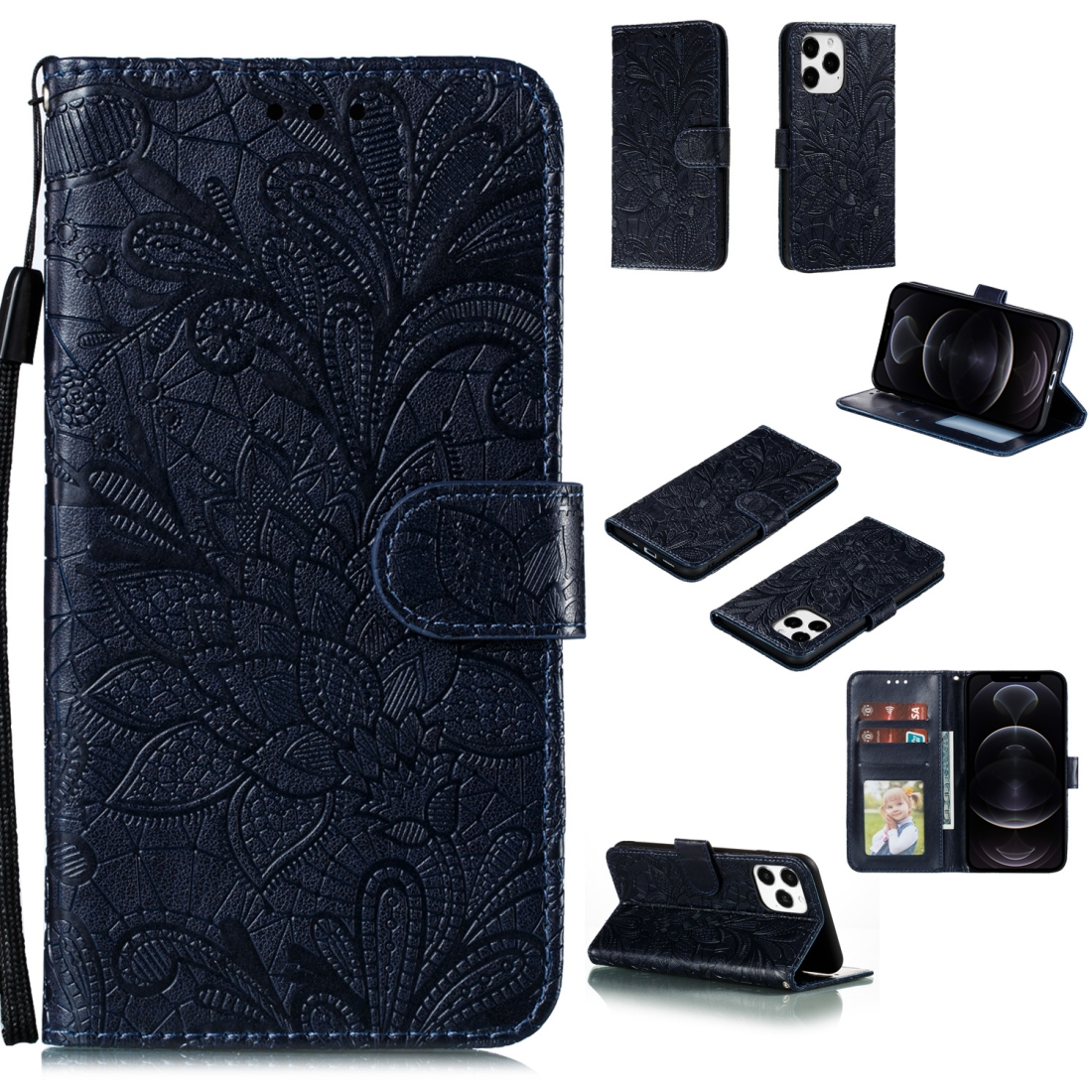 For iPhone 12 / 12 Pro Lace Flower Horizontal Flip Leather Case with Holder & Card Slots & Wallet & Photo Frame(Dark Blue) - Shopkiz.com