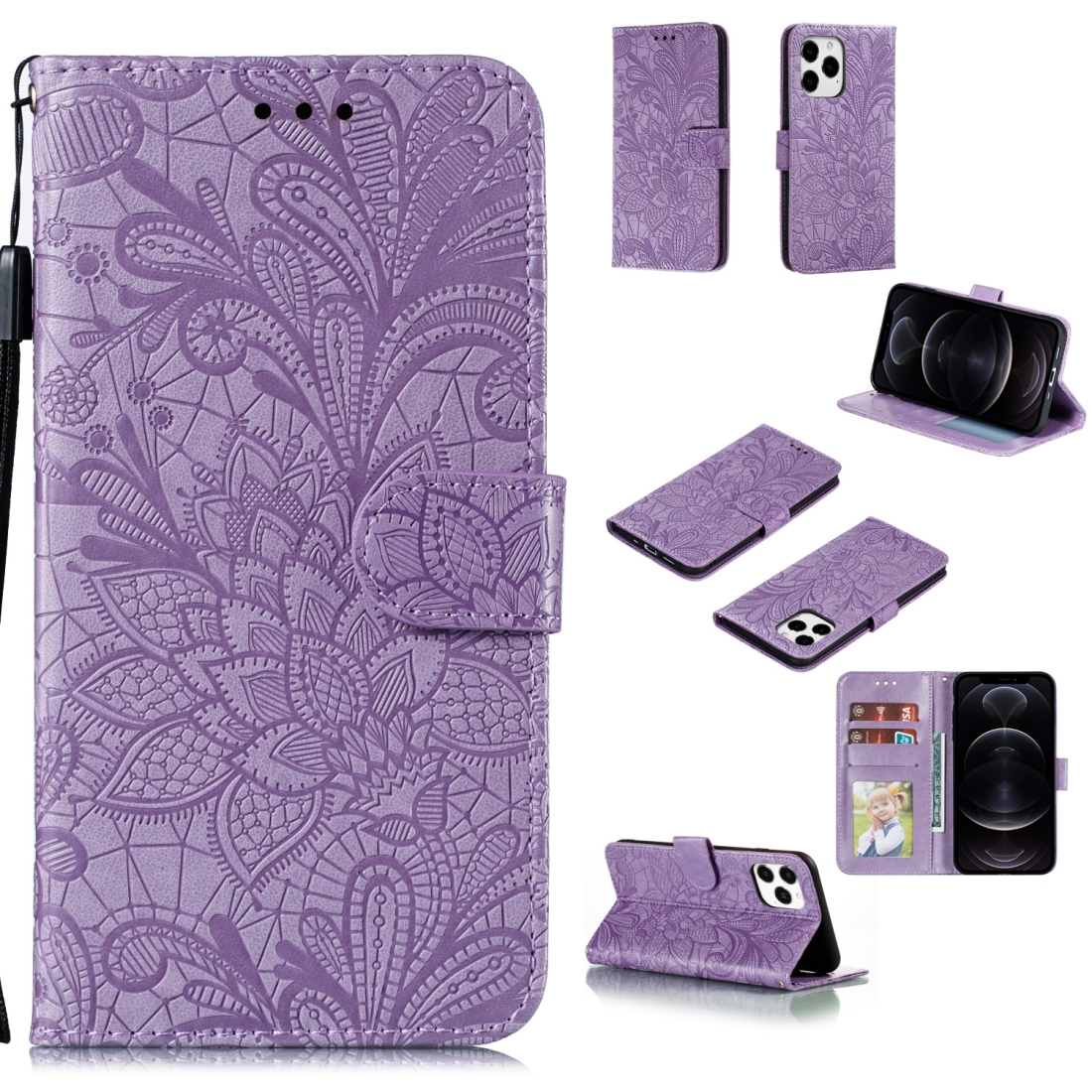 For iPhone 12 / 12 Pro Lace Flower Horizontal Flip Leather Case with Holder & Card Slots & Wallet & Photo Frame(Purple) - Shopkiz.com