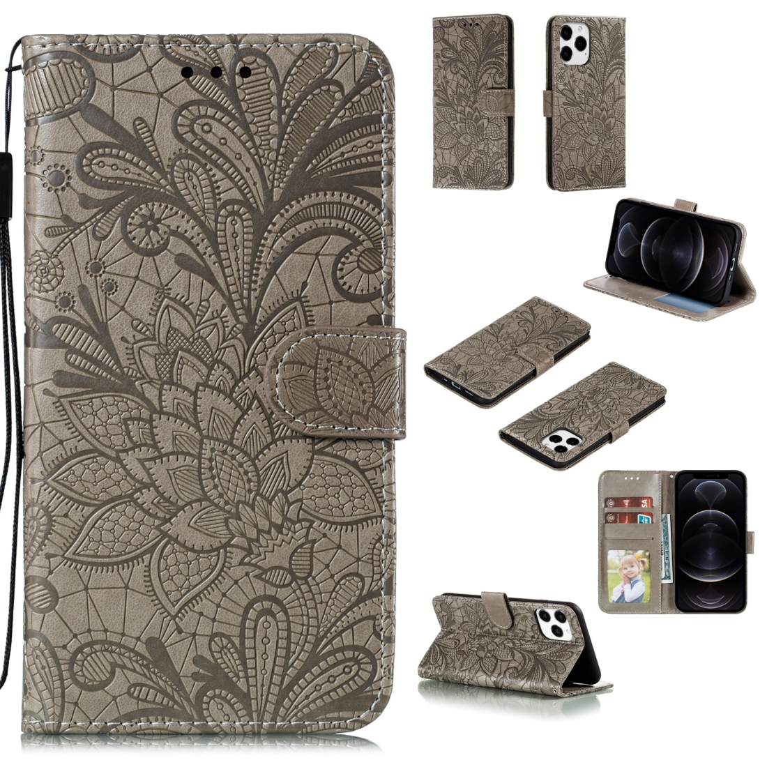 For iPhone 12 / 12 Pro Lace Flower Horizontal Flip Leather Case with Holder & Card Slots & Wallet & Photo Frame(Grey) - Shopkiz.com