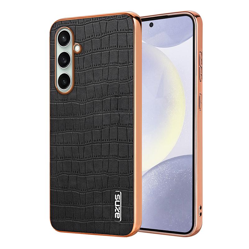 For Galaxy S26 FE 5G AZNS Electroplated Frame Crocodile Texture Full Coverage Phone Case(Black) - Shopkiz.com