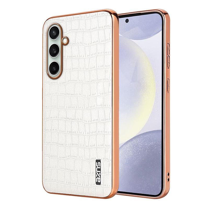 For Galaxy S26 FE 5G AZNS Electroplated Frame Crocodile Texture Full Coverage Phone Case(White) - Shopkiz.com