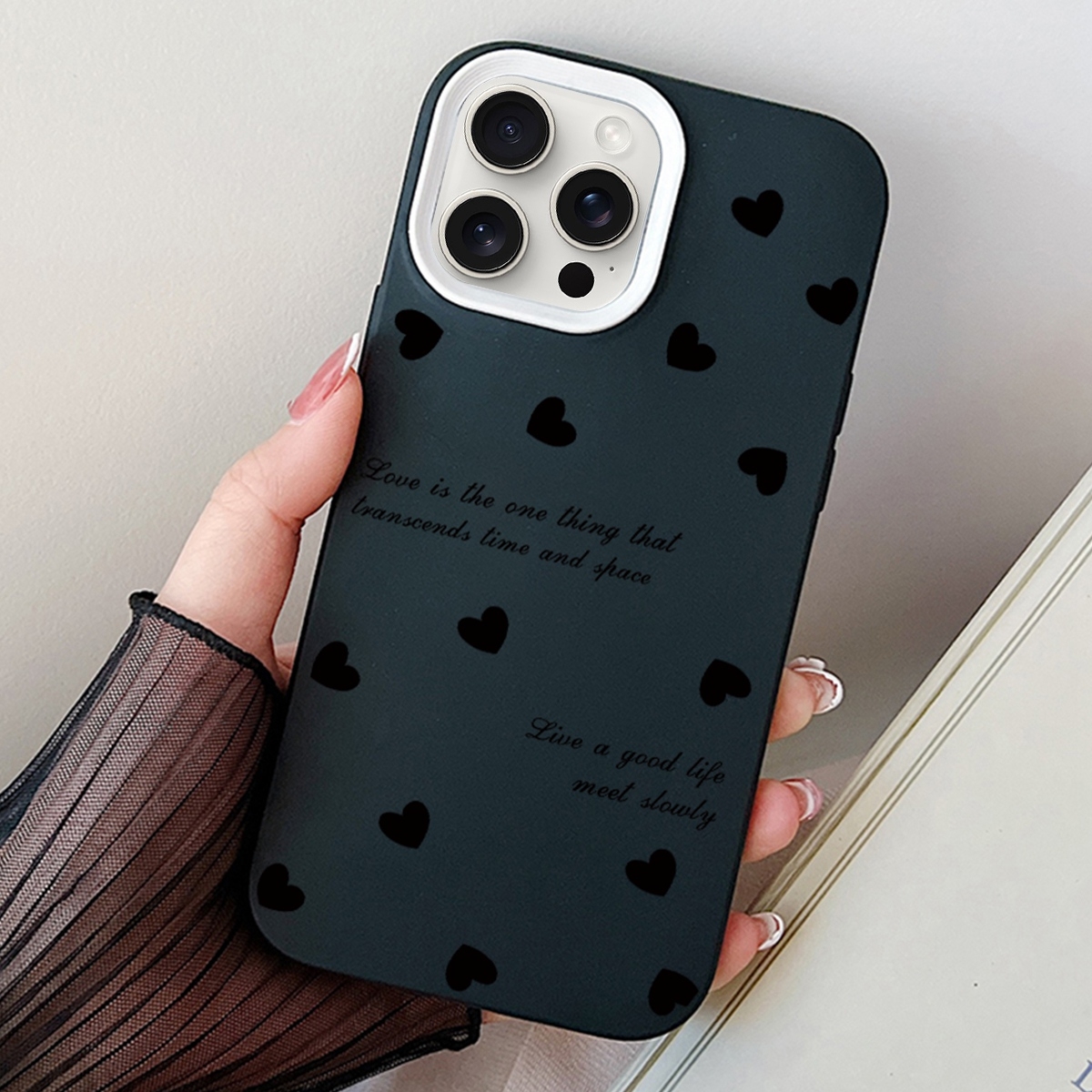 For iPhone 15 Pro Max Love Hearts PC Hybrid TPU Phone Case(Black) - Shopkiz.com
