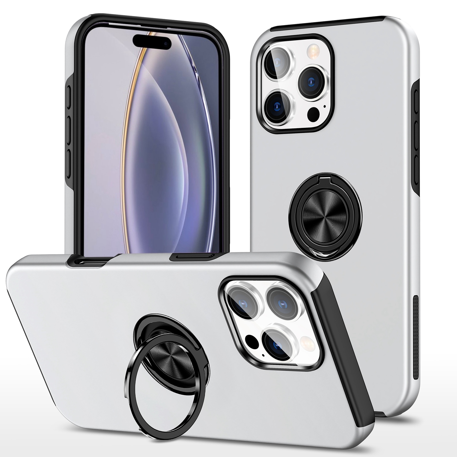 For iPhone 16 Pro Max Magnetic Ring Holder Phone Case(Silver) - Shopkiz.com