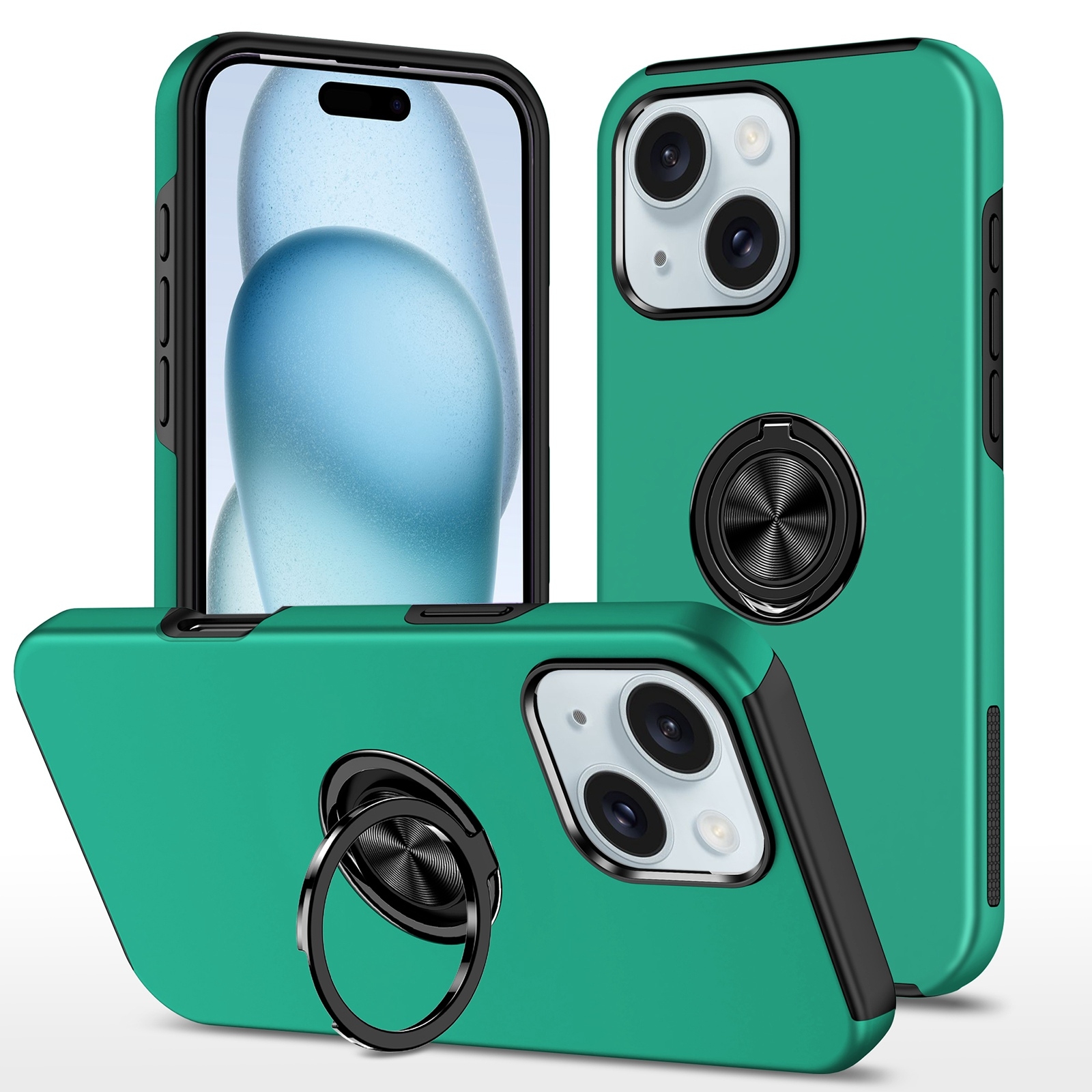 For iPhone 15 Plus Magnetic Ring Holder Phone Case(Dark Green) - Shopkiz.com
