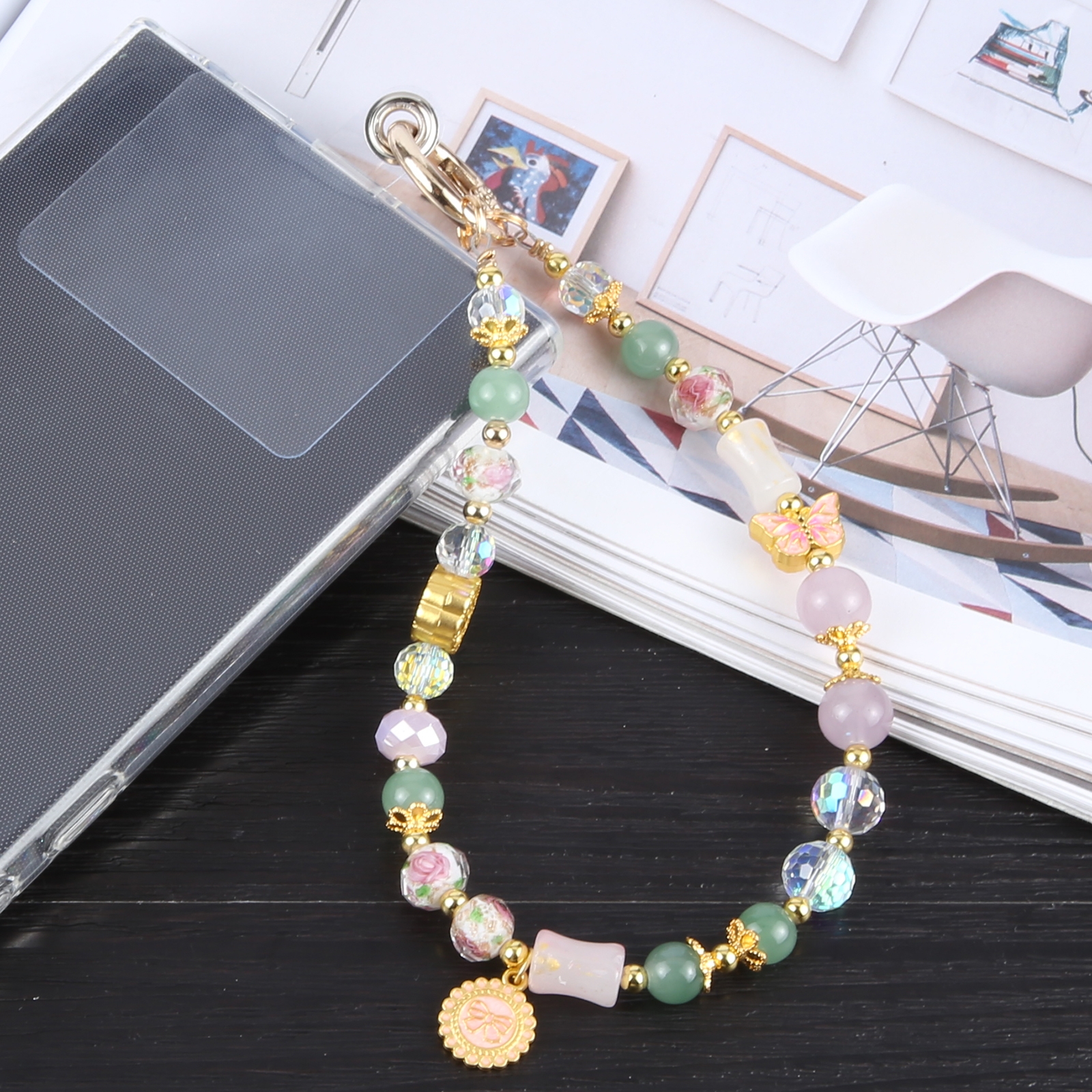 Mobile Phone Anti-lost Auspicious Bead Chain Short Lanyard(Colored Butterfly) - Shopkiz.com