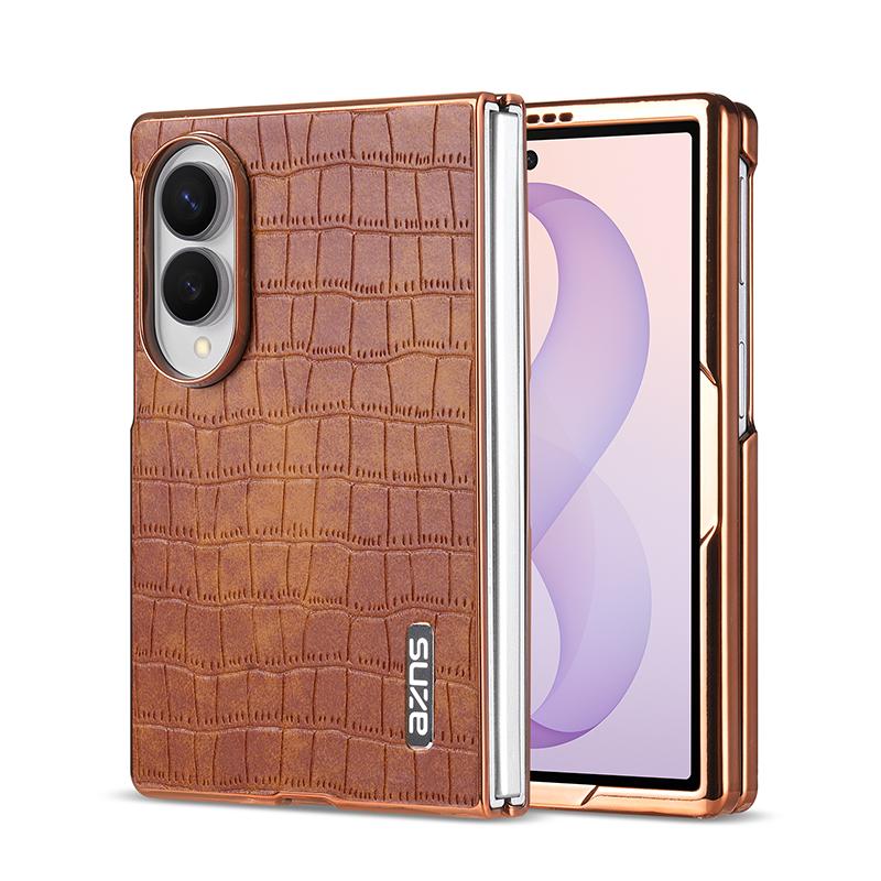 For Galaxy Z Fold8 5G AZNS Electroplated Frame Crocodile Texture Full Coverage Phone Case(Brown) - Shopkiz.com