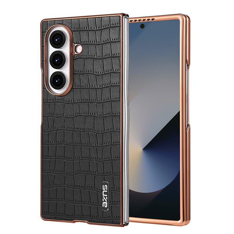 For Galaxy Z Fold8 Ultra 5G AZNS Electroplated Frame Crocodile Texture Full Coverage Phone Case(Black) - Shopkiz.com