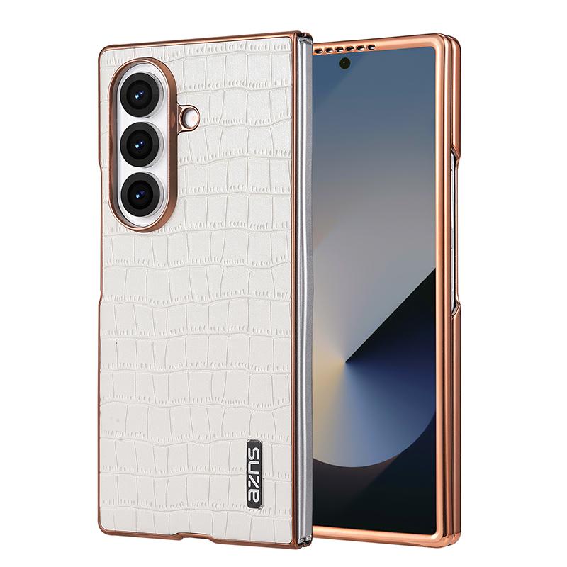 For Galaxy Z Fold8 Ultra 5G AZNS Electroplated Frame Crocodile Texture Full Coverage Phone Case(White) - Shopkiz.com