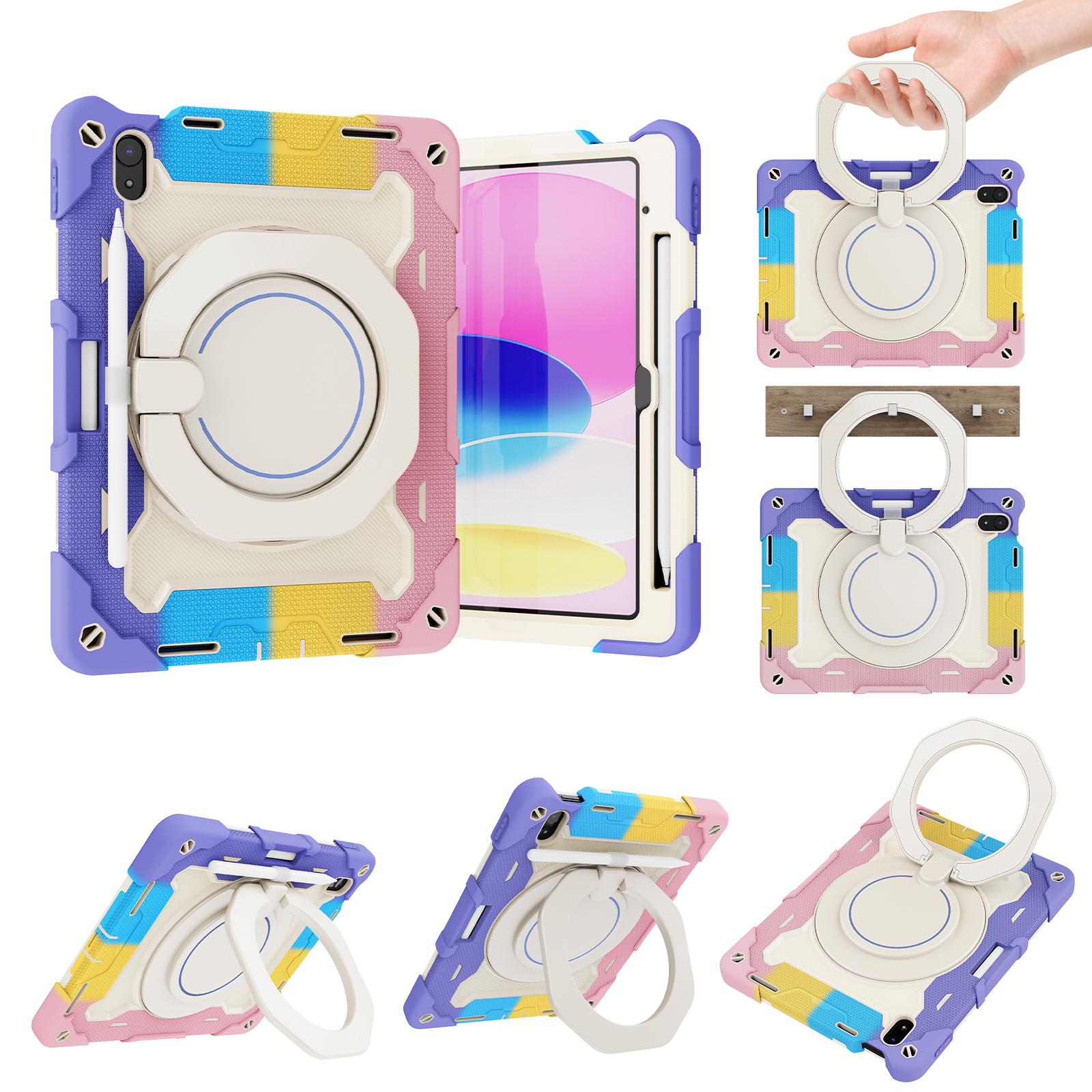 For iPad 2022 Armor Portable Rotating Ring Holder Silicone Tablet Case with Pen Slot(Colorful Pink) - Shopkiz.com