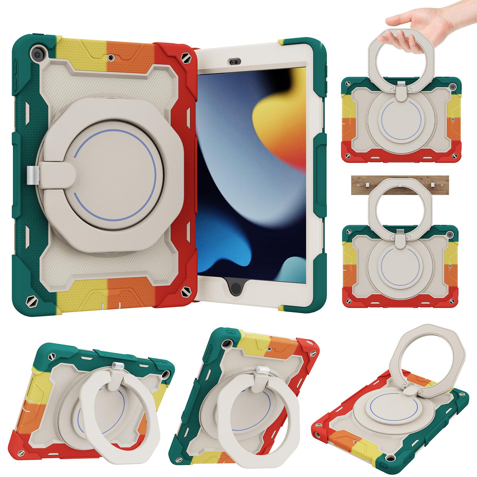For iPad 10.2 2019 / 2020 / 2021 Armor Portable Rotating Ring Holder Silicone Tablet Case with Pen Slot(Colorful Red) - Shopkiz.com