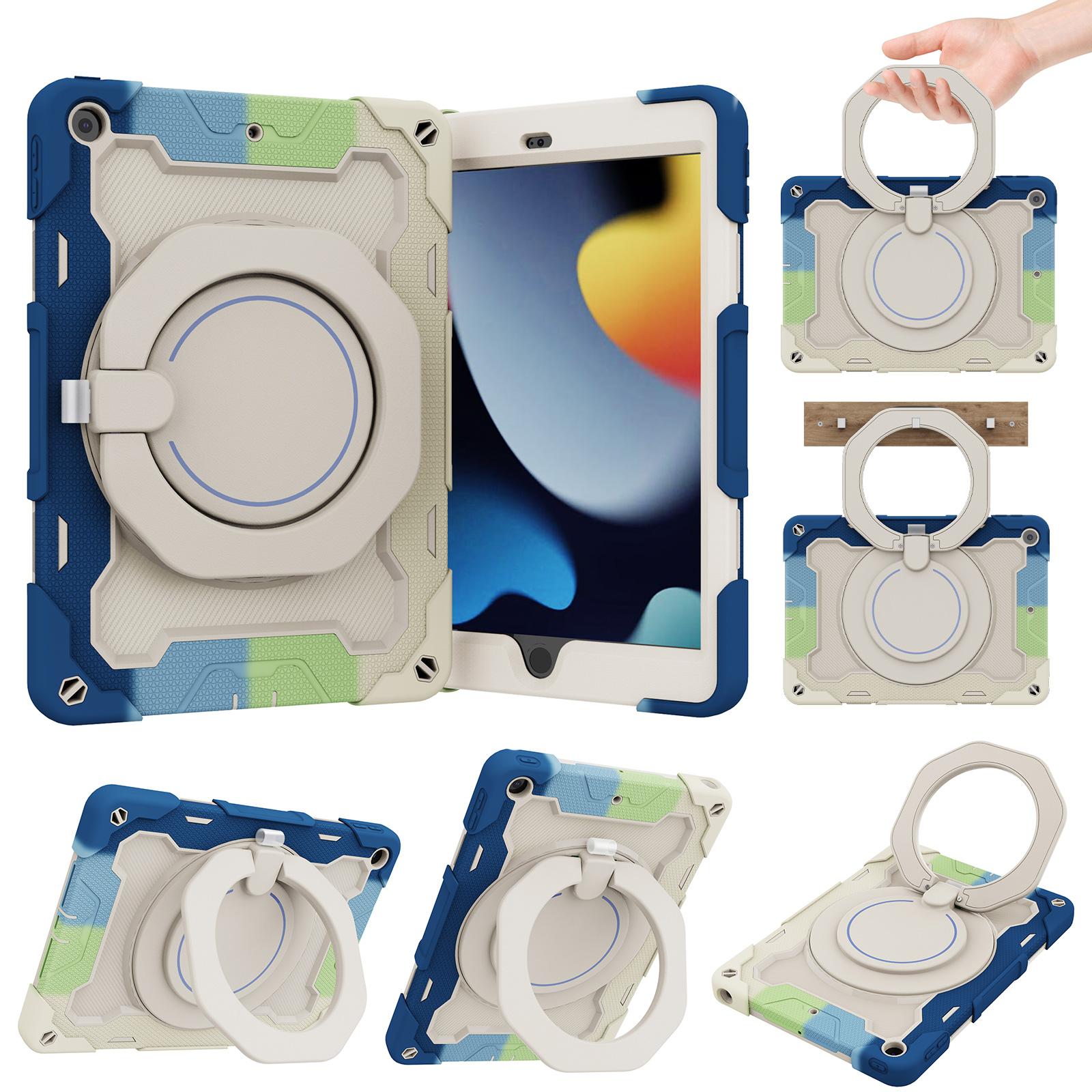For iPad 10.2 2019 / 2020 / 2021 Armor Portable Rotating Ring Holder Silicone Tablet Case with Pen Slot(Colorful Blue) - Shopkiz.com