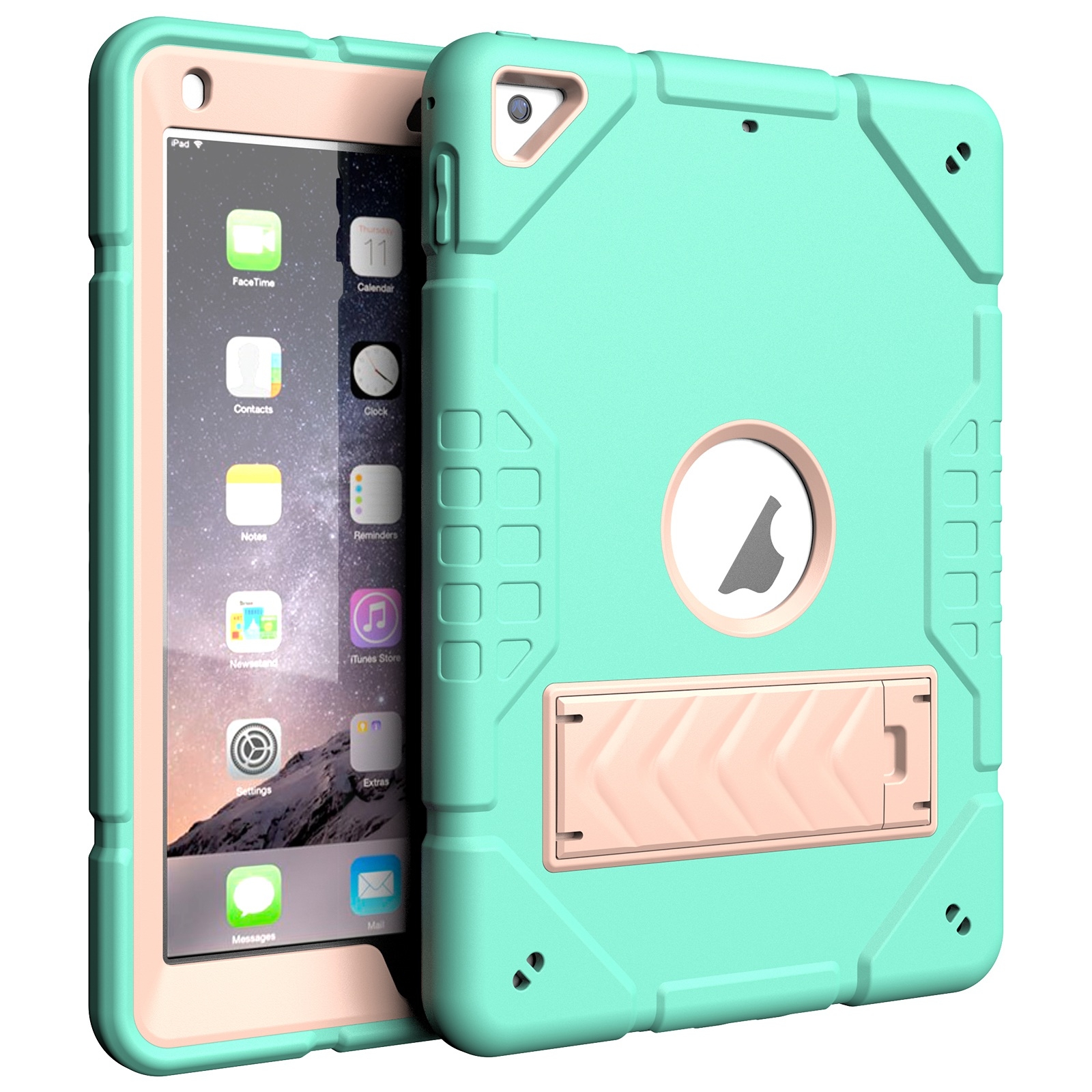 For iPad 9.7 2018 / Air / Air 2 Armor Holder Silicone Hybrid PC Tablet Case(Mint Green Gold) - Shopkiz.com