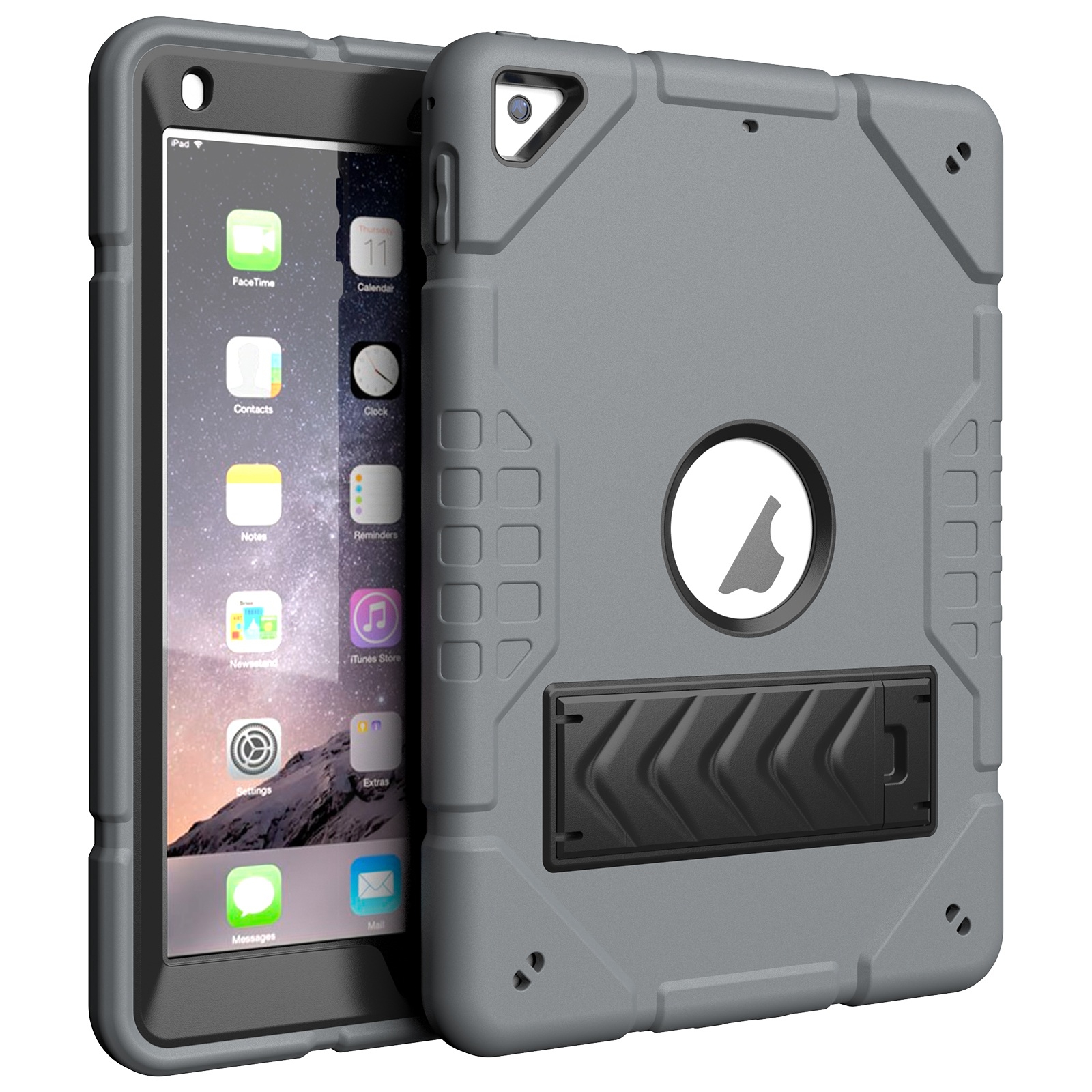 For iPad 9.7 2018 / Air / Air 2 Armor Holder Silicone Hybrid PC Tablet Case(Grey Black) - Shopkiz.com