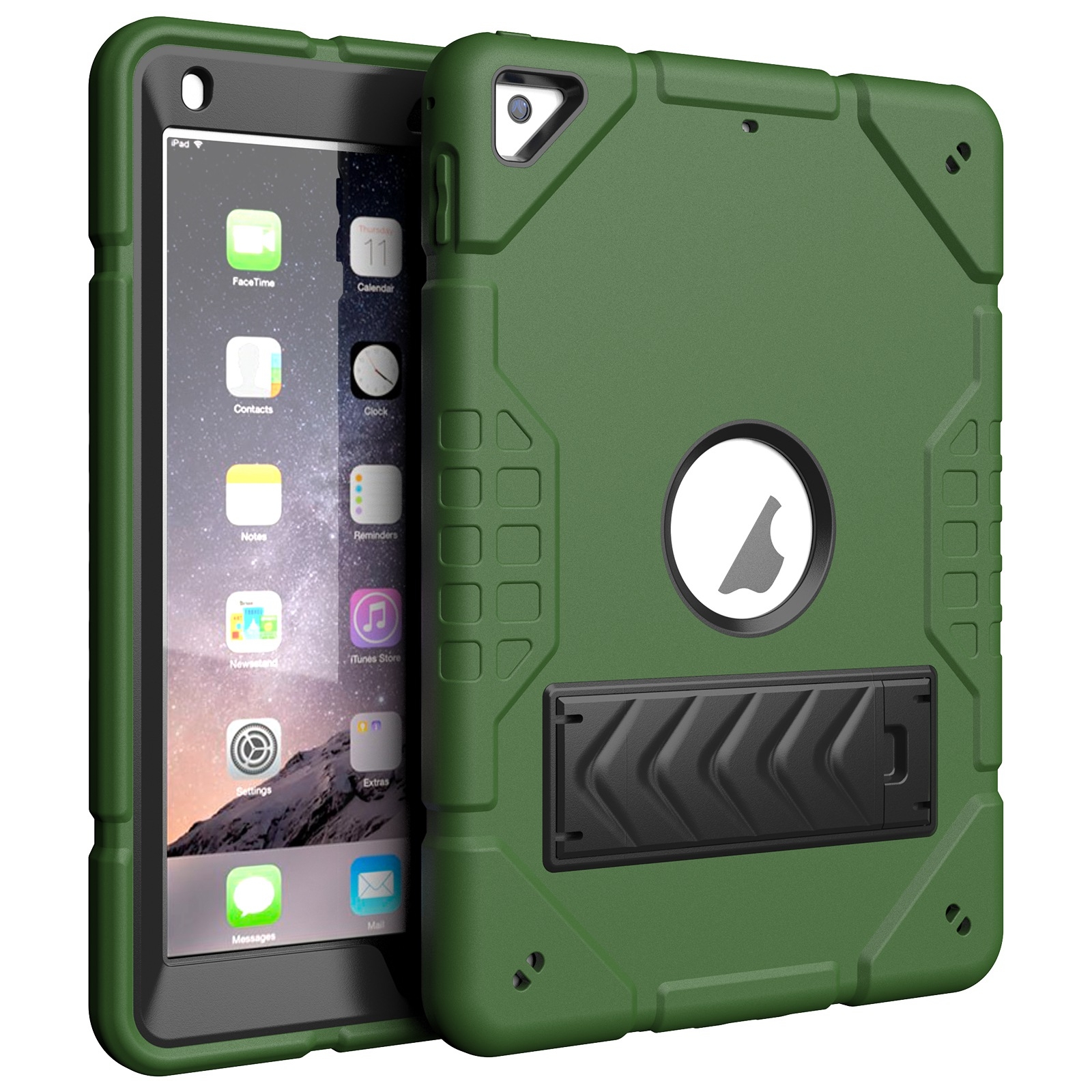 For iPad 9.7 2018 / Air / Air 2 Armor Holder Silicone Hybrid PC Tablet Case(Army Green Black) - Shopkiz.com