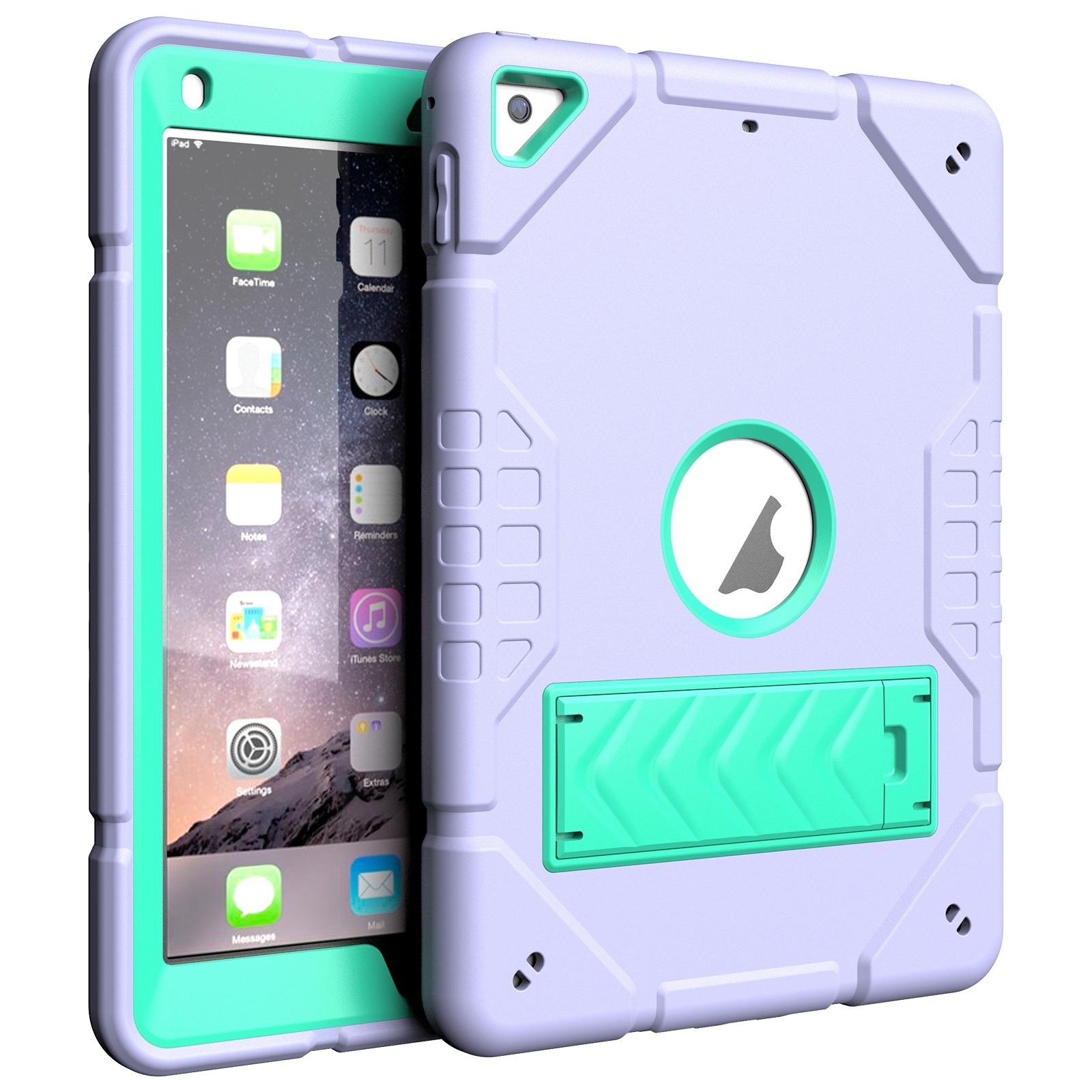 For iPad 9.7 2018 / Air / Air 2 Armor Holder Silicone Hybrid PC Tablet Case(Purple Mint Green) - Shopkiz.com