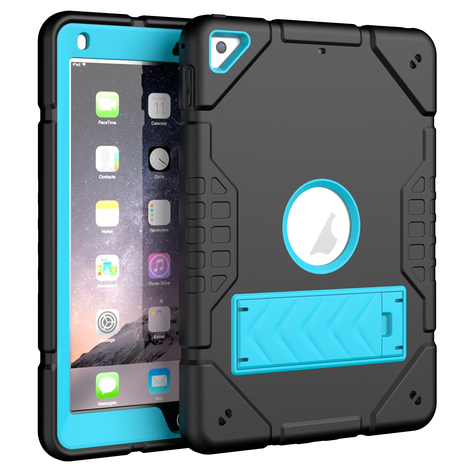 For iPad 9.7 2018 / Air / Air 2 Armor Holder Silicone Hybrid PC Tablet Case(Black Blue) - Shopkiz.com