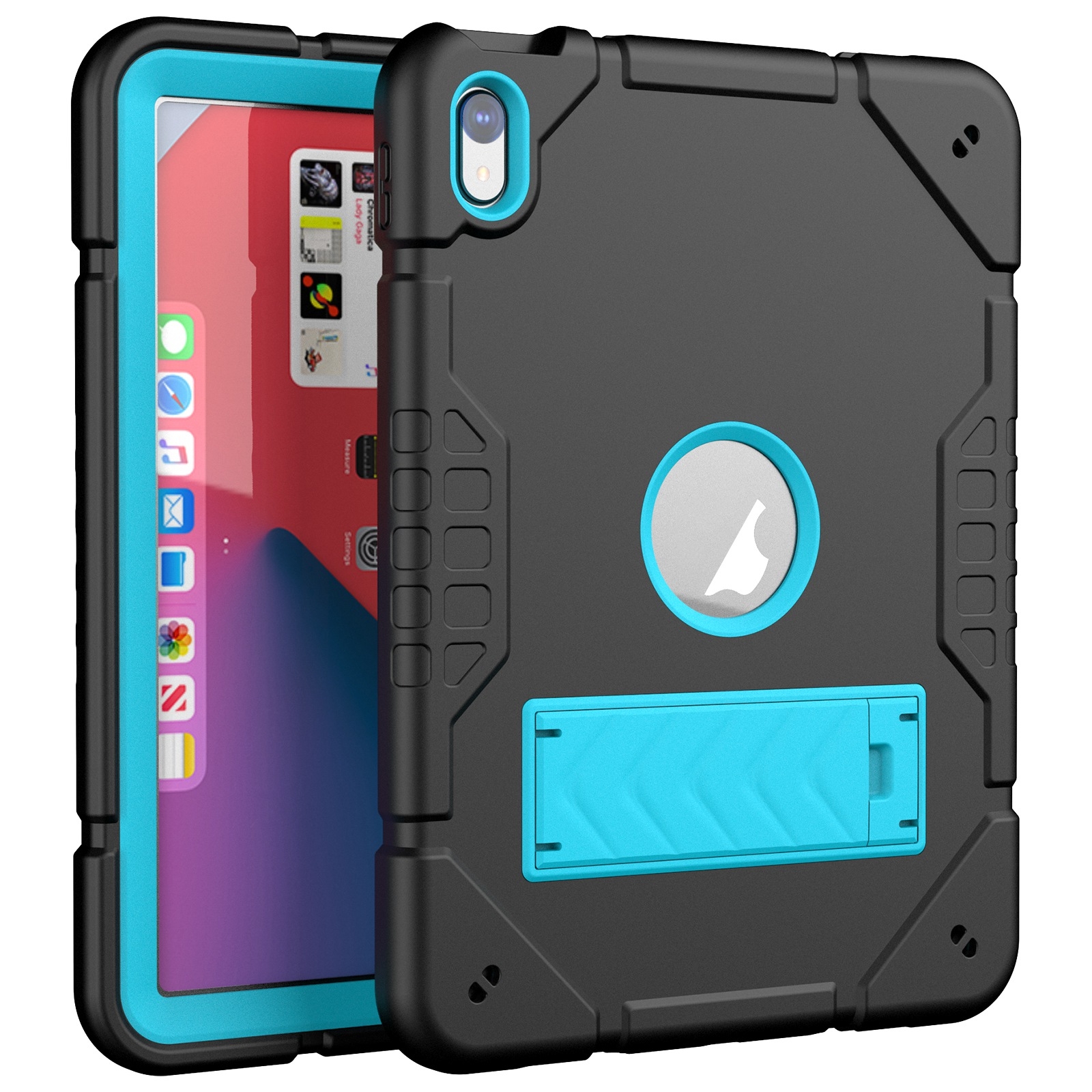 For iPad 2025 / 2022 Armor Holder Silicone Hybrid PC Tablet Case(Black Blue) - Shopkiz.com
