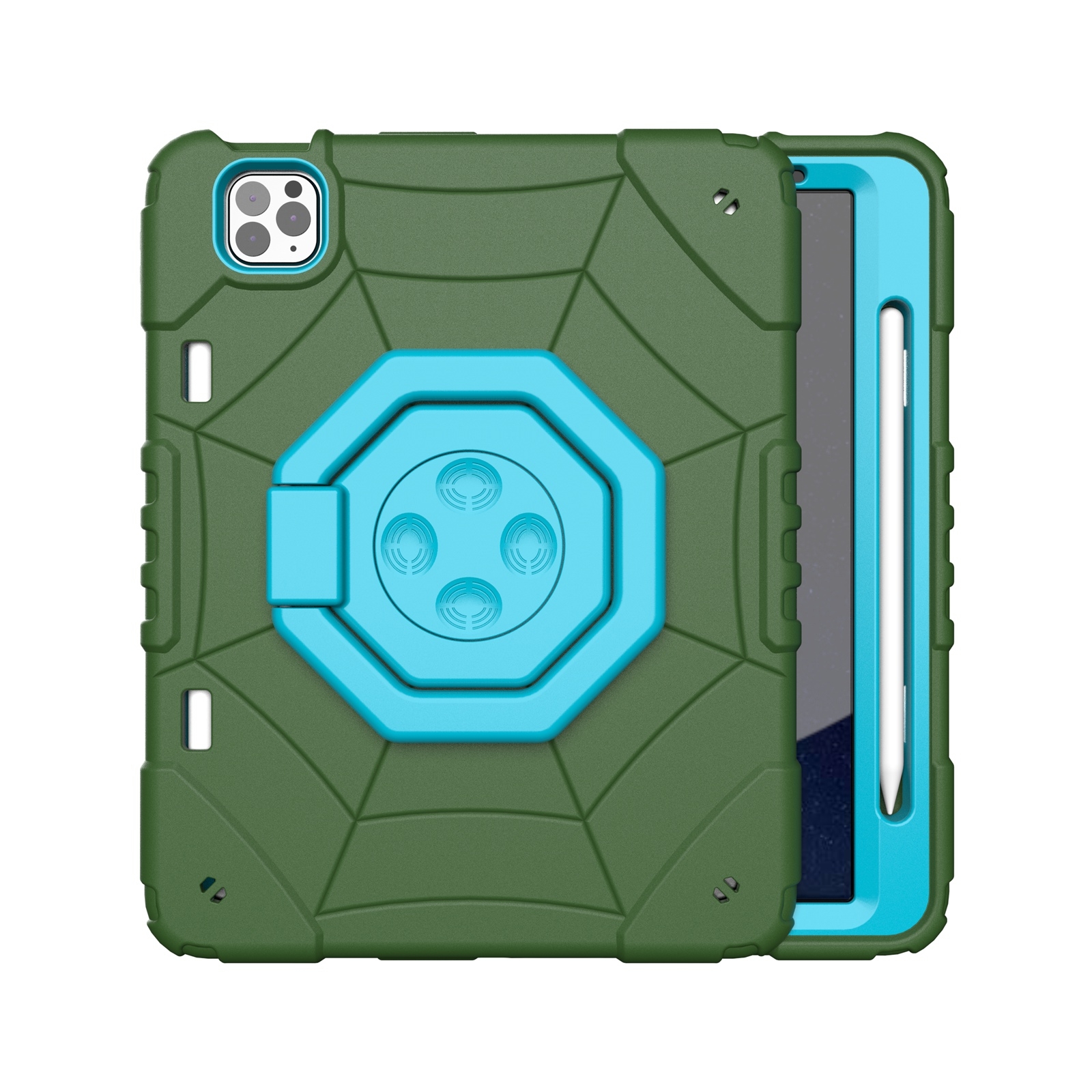 For iPad Pro 11 2022 / 2021 / 2020 Spider Turntable Handle Stress Relief Tablet Case(Army Green Blue) - Shopkiz.com