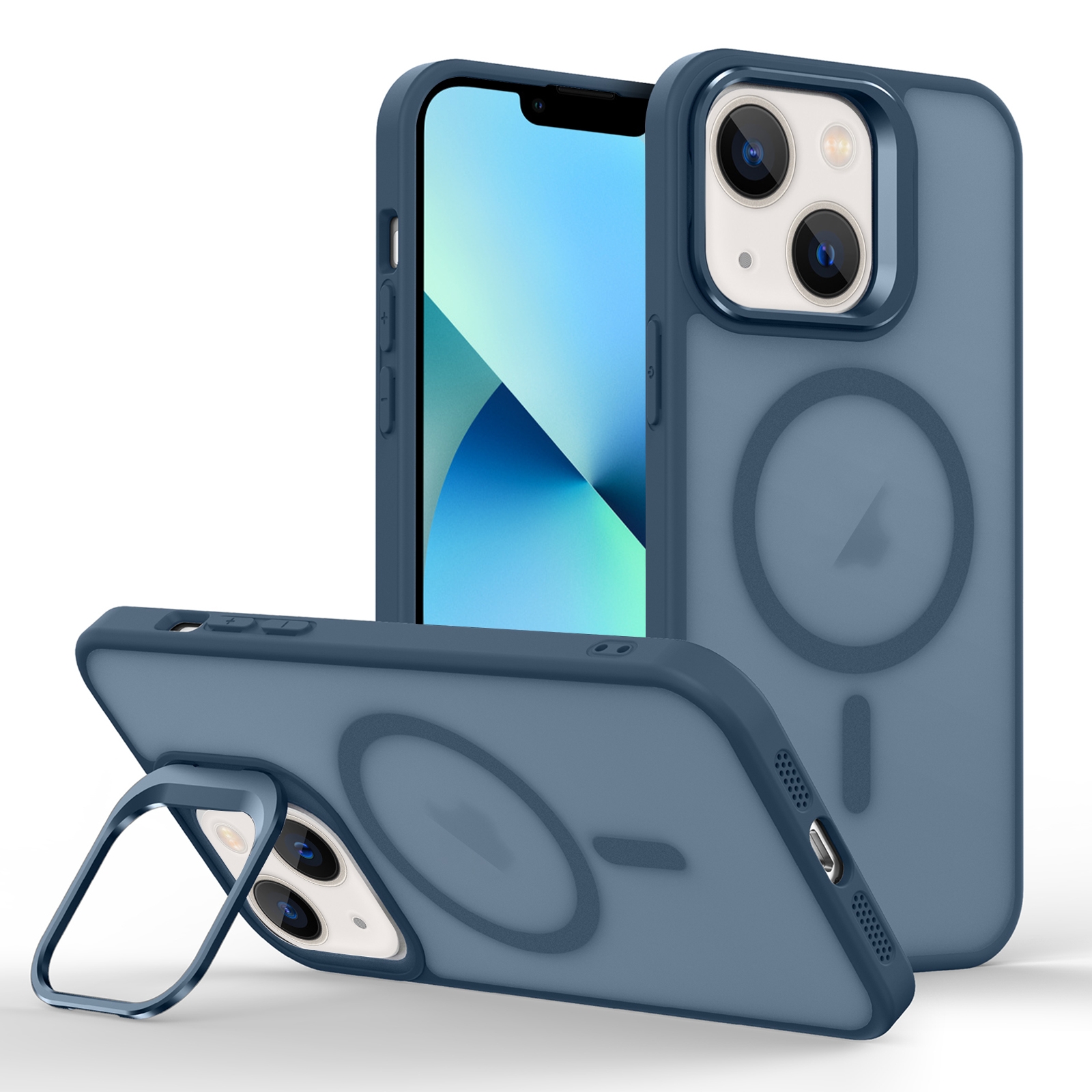 For iPhone 13 mini Skin Feel Lens Holder Magsafe Phone Case(Dark Blue) - Shopkiz.com