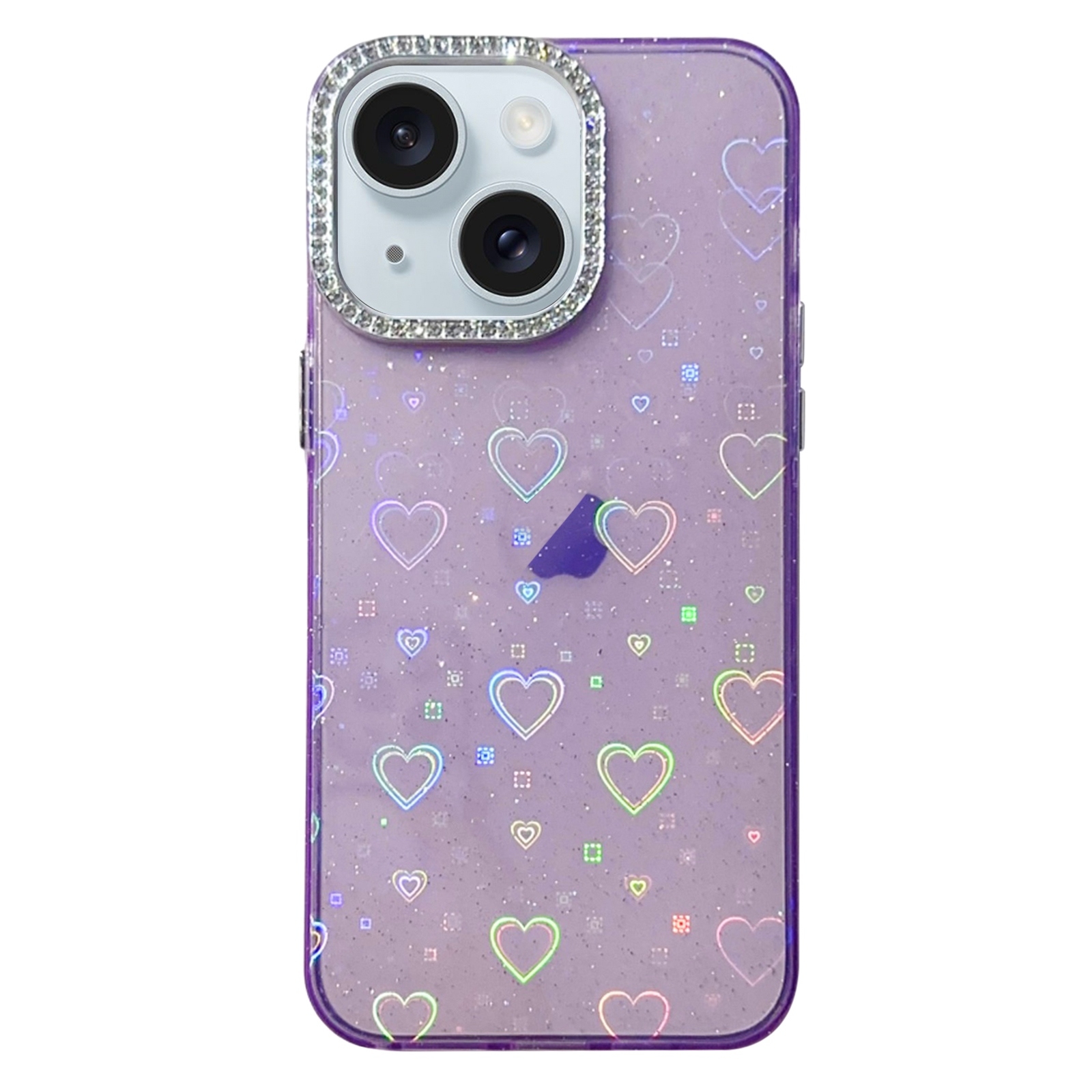 For iPhone 15 Love Pattern Diamond Lens Frame IMD Acrylic Phone Case(Purple) - Shopkiz.com