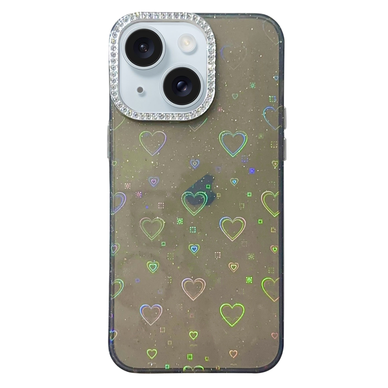 For iPhone 14 Plus Love Pattern Diamond Lens Frame IMD Acrylic Phone Case(Black) - Shopkiz.com