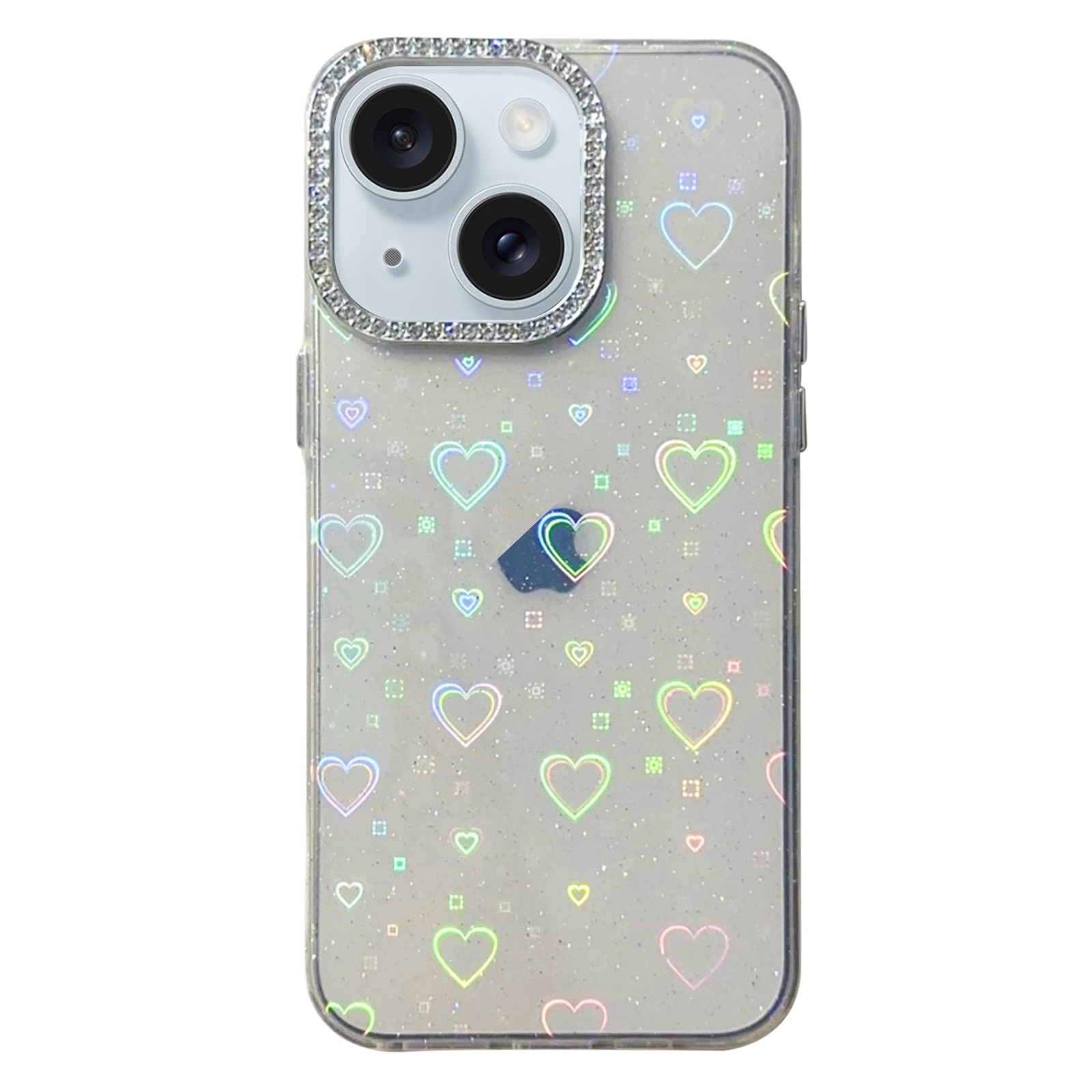 For iPhone 13 Love Pattern Diamond Lens Frame IMD Acrylic Phone Case(White) - Shopkiz.com