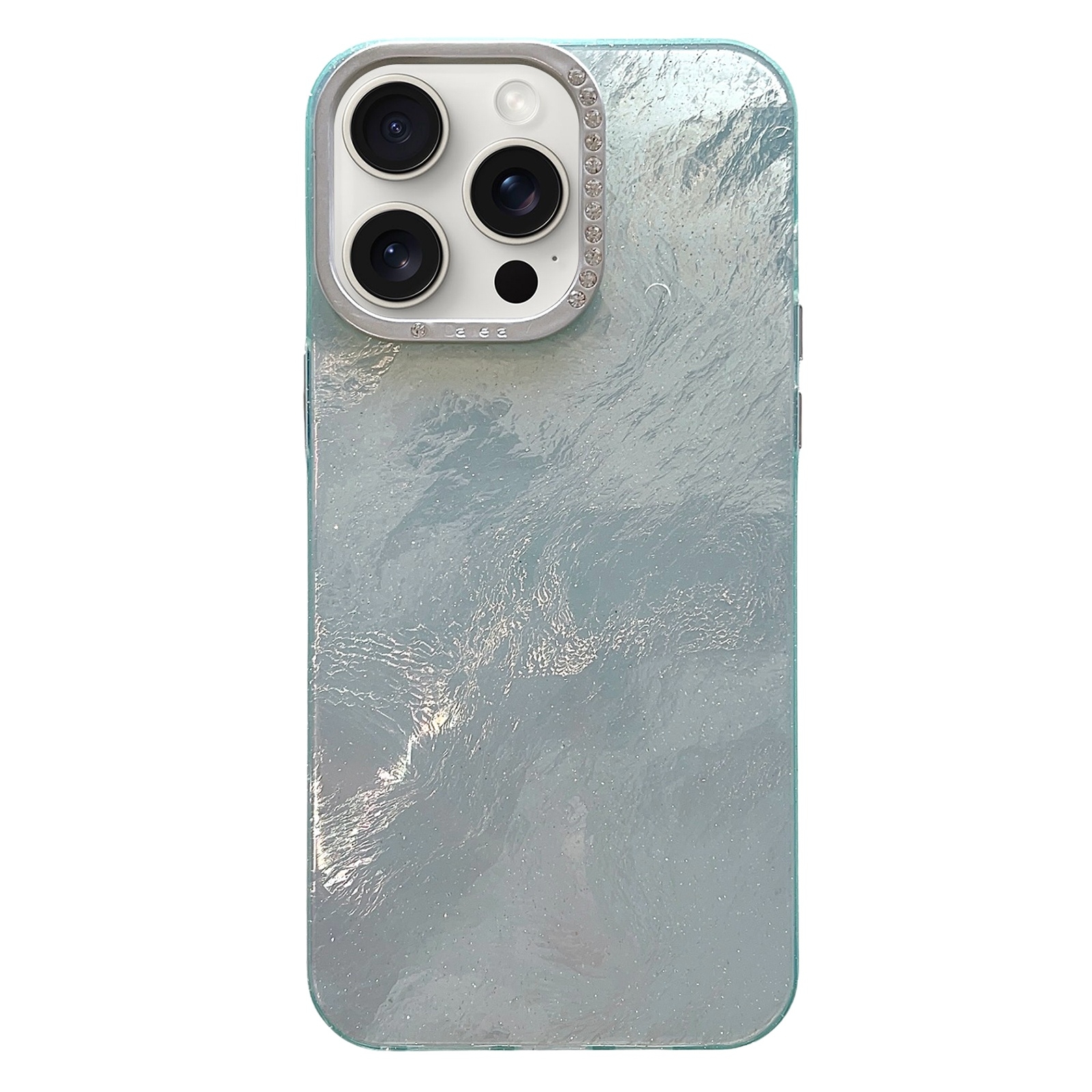 For iPhone 15 Pro Max Tinfoil Texture Diamond Lens Frame IMD Acrylic Phone Case(Green) - Shopkiz.com
