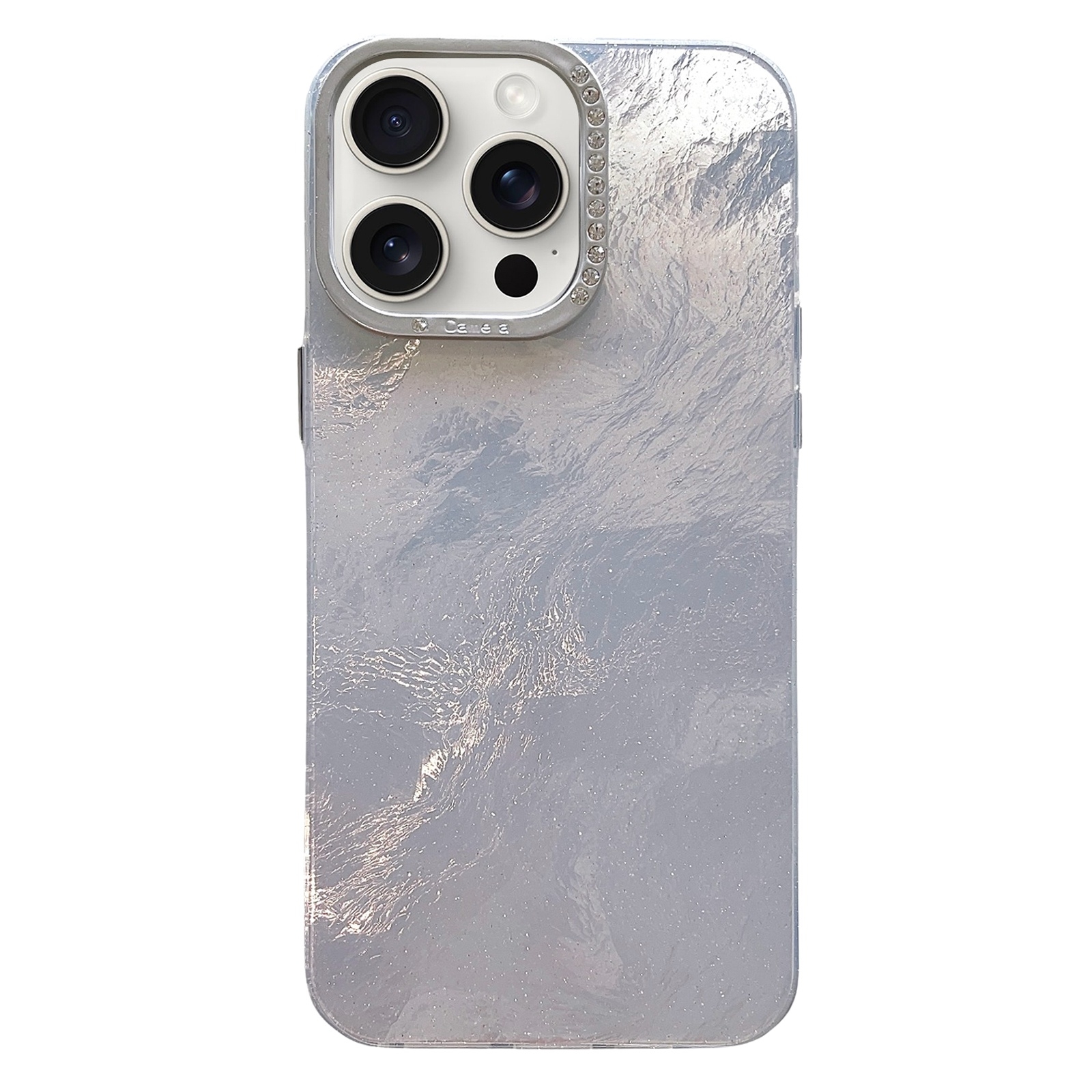 For iPhone 15 Pro Max Tinfoil Texture Diamond Lens Frame IMD Acrylic Phone Case(Silver) - Shopkiz.com