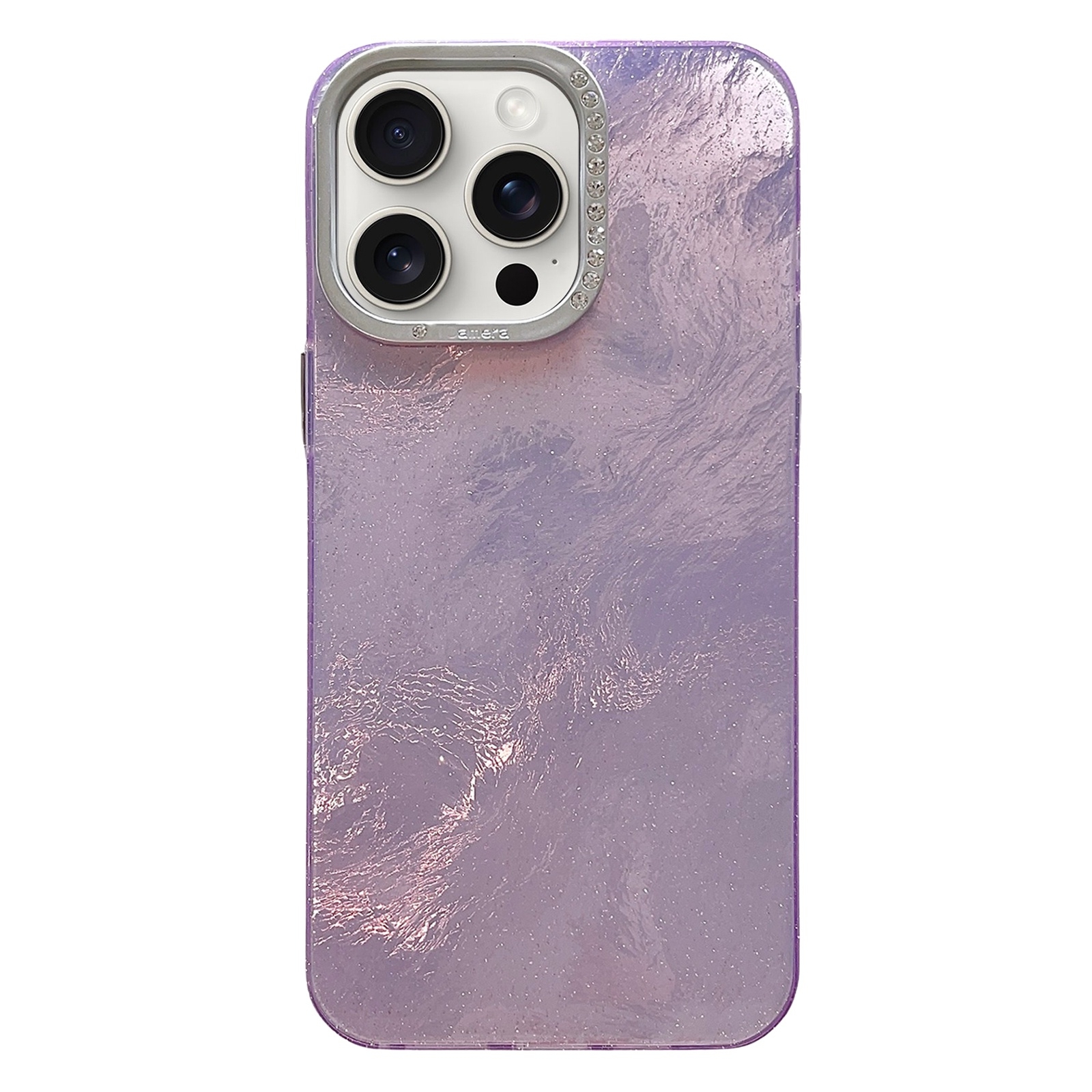 For iPhone 15 Pro Tinfoil Texture Diamond Lens Frame IMD Acrylic Phone Case(Purple) - Shopkiz.com