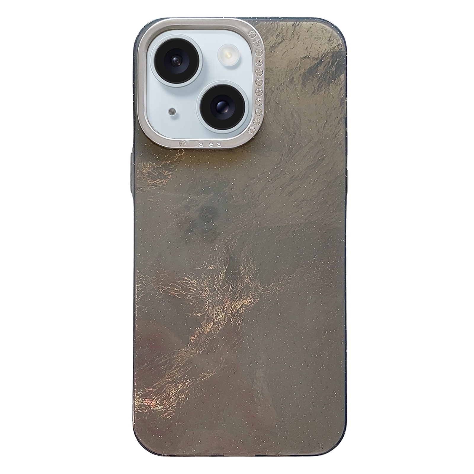 For iPhone 15 Tinfoil Texture Diamond Lens Frame IMD Acrylic Phone Case(Black) - Shopkiz.com