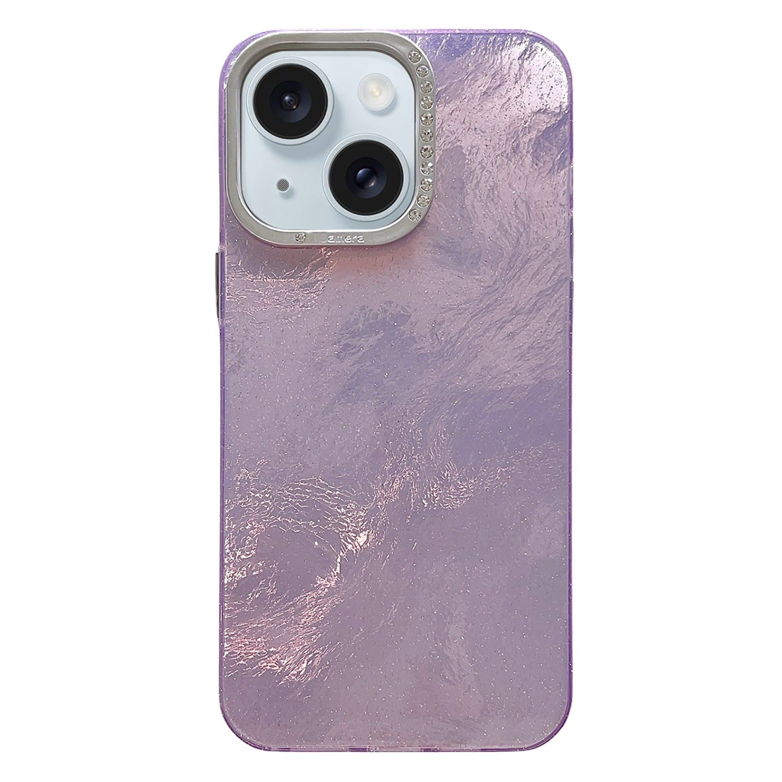 For iPhone 15 Tinfoil Texture Diamond Lens Frame IMD Acrylic Phone Case(Purple) - Shopkiz.com