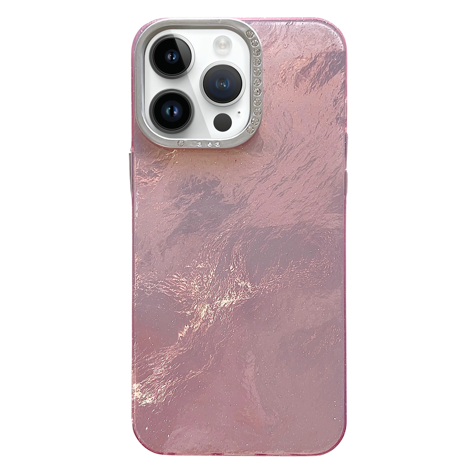 For iPhone 14 Pro Tinfoil Texture Diamond Lens Frame IMD Acrylic Phone Case(Pink) - Shopkiz.com