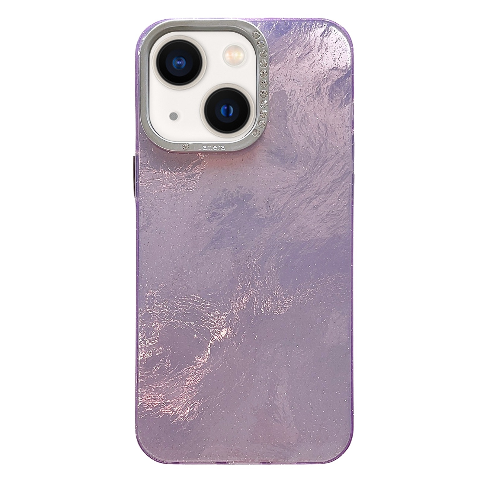 For iPhone 13 Tinfoil Texture Diamond Lens Frame IMD Acrylic Phone Case(Purple) - Shopkiz.com