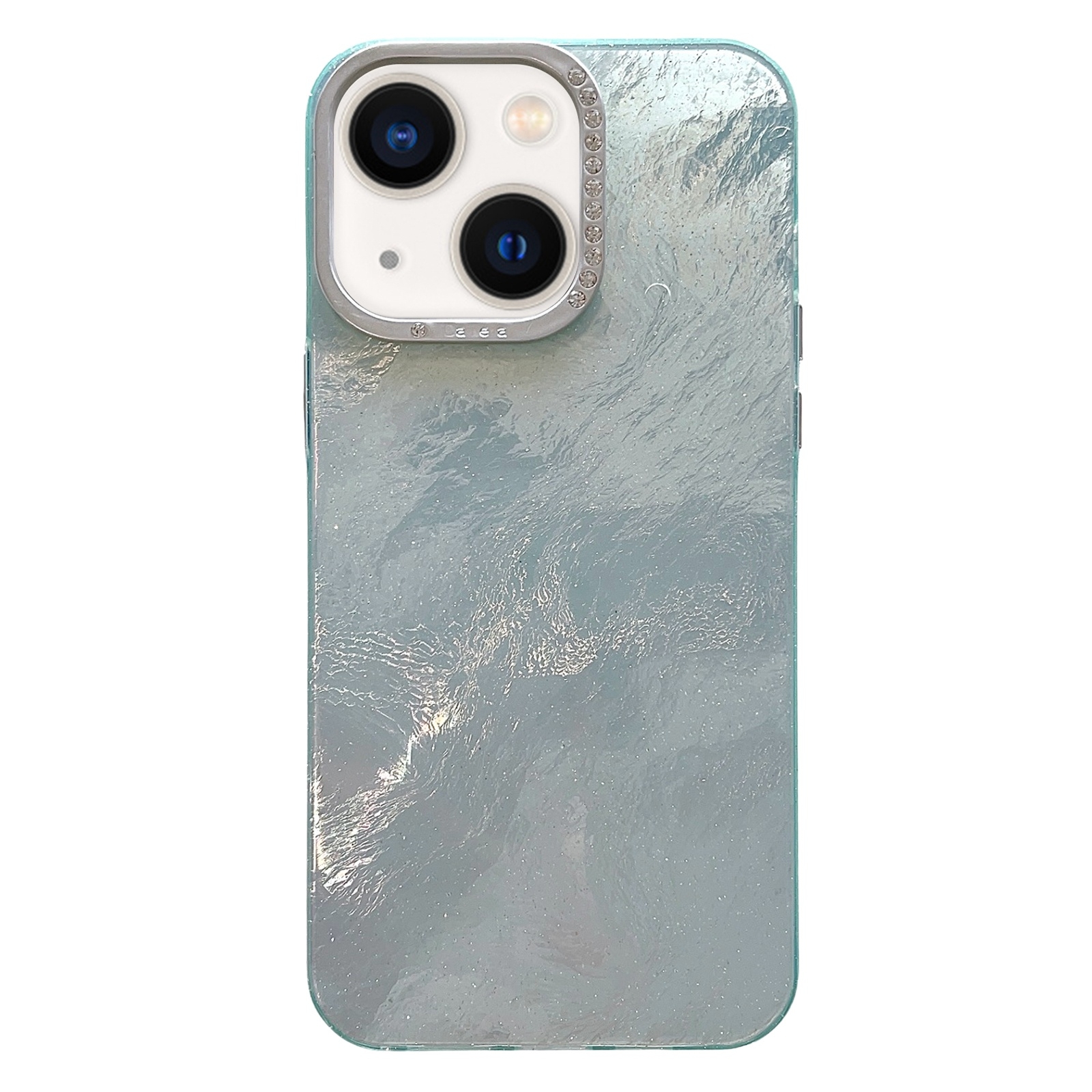 For iPhone 13 Tinfoil Texture Diamond Lens Frame IMD Acrylic Phone Case(Green) - Shopkiz.com